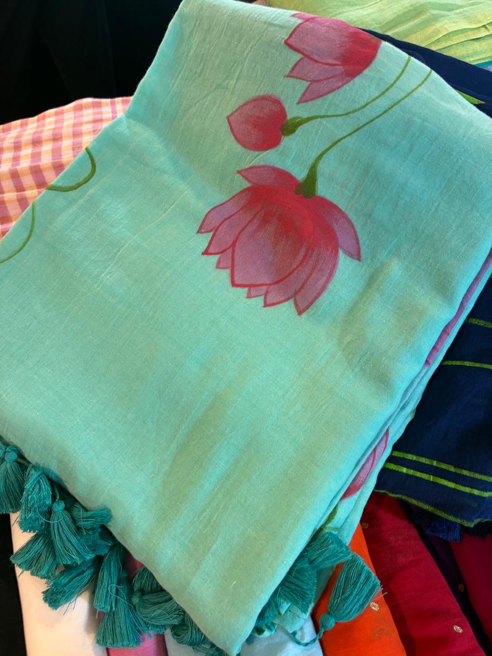 Hand-Painted "Niwi Lotus" Mul Cotton Saree