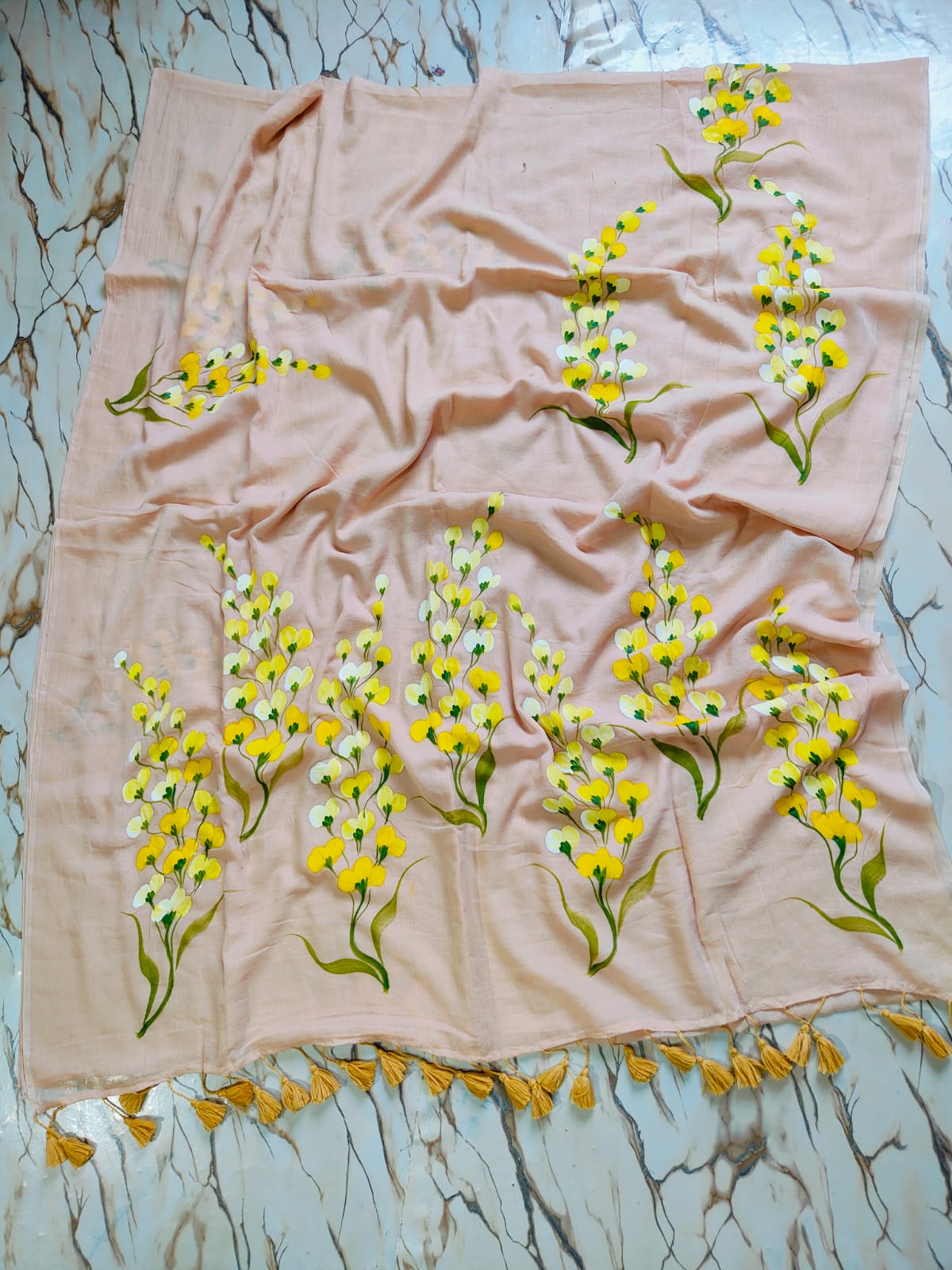 Hand painted " Mustard flower " mul cotton saree