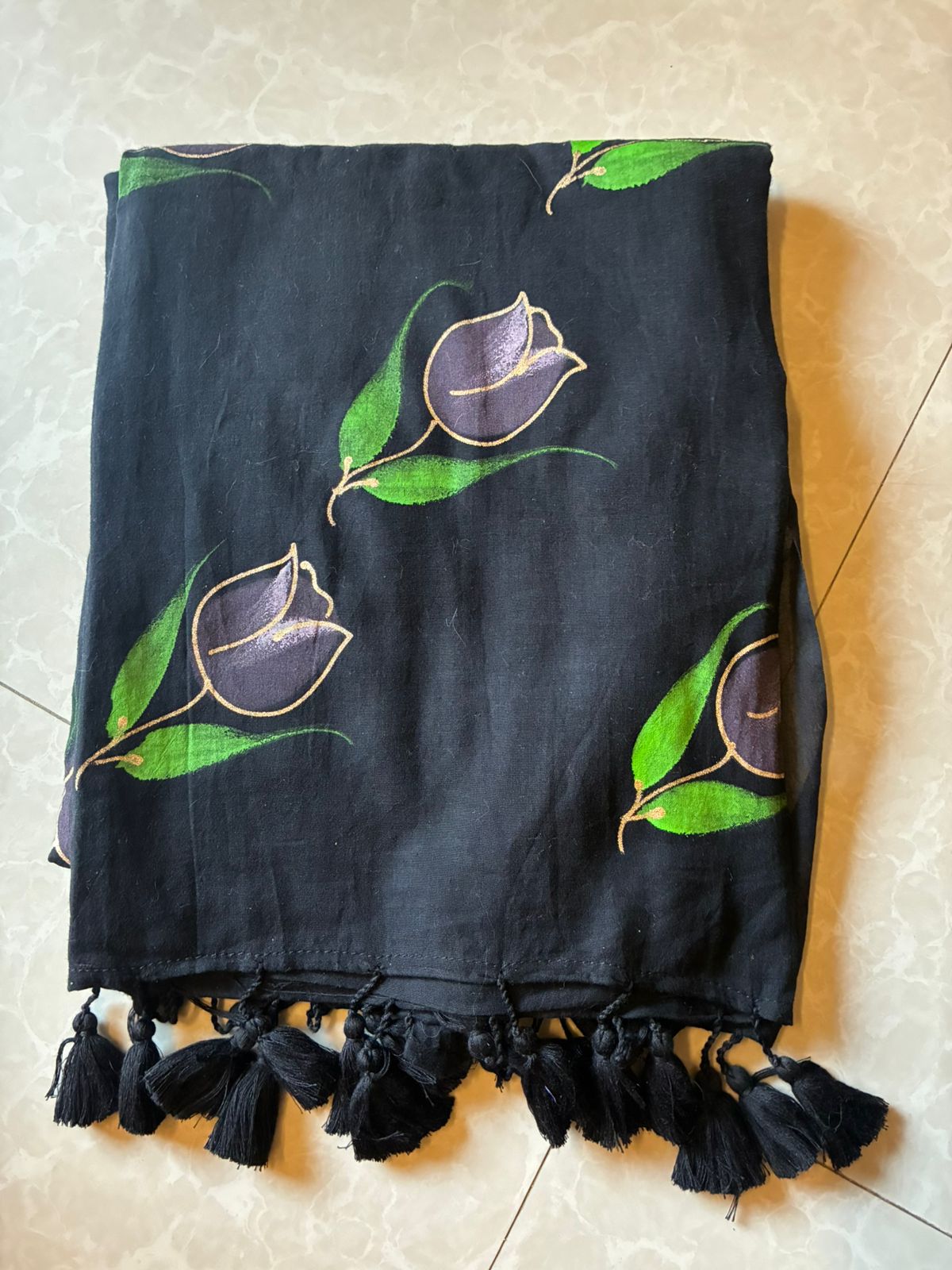 Single tulip hand painted mul cotton saree