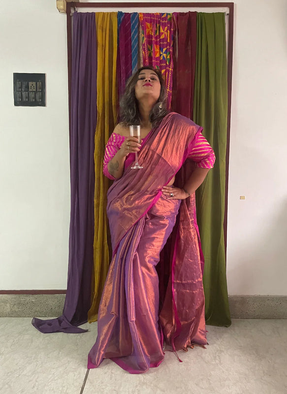 "Molten Metals " zari-mul sarees with thin borders