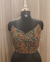 Green backless noodle strap Ajrakh blouse