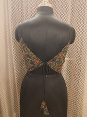 Green backless noodle strap Ajrakh blouse