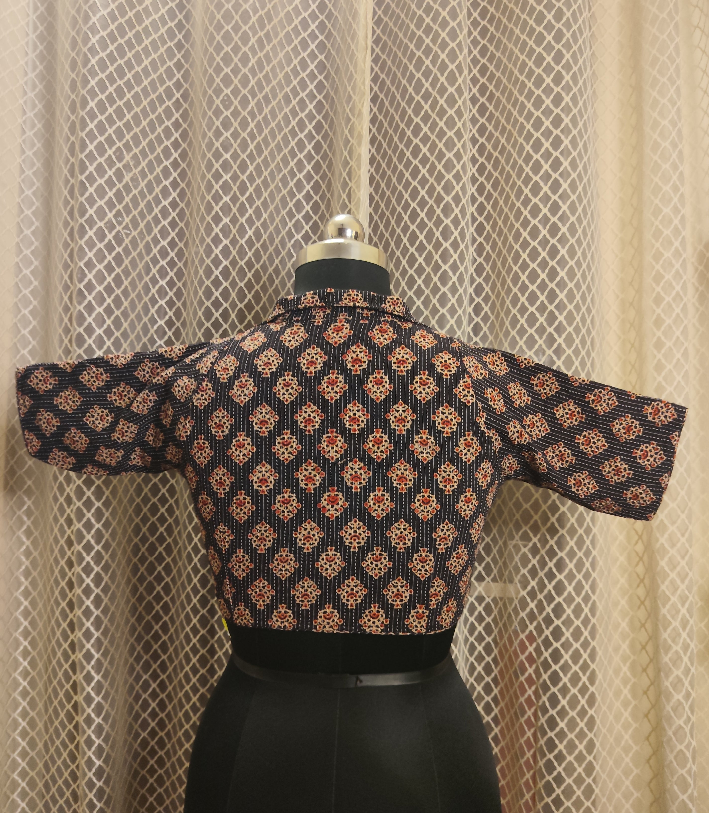 Black collared ajrakh printed kantha blouse with sleeves