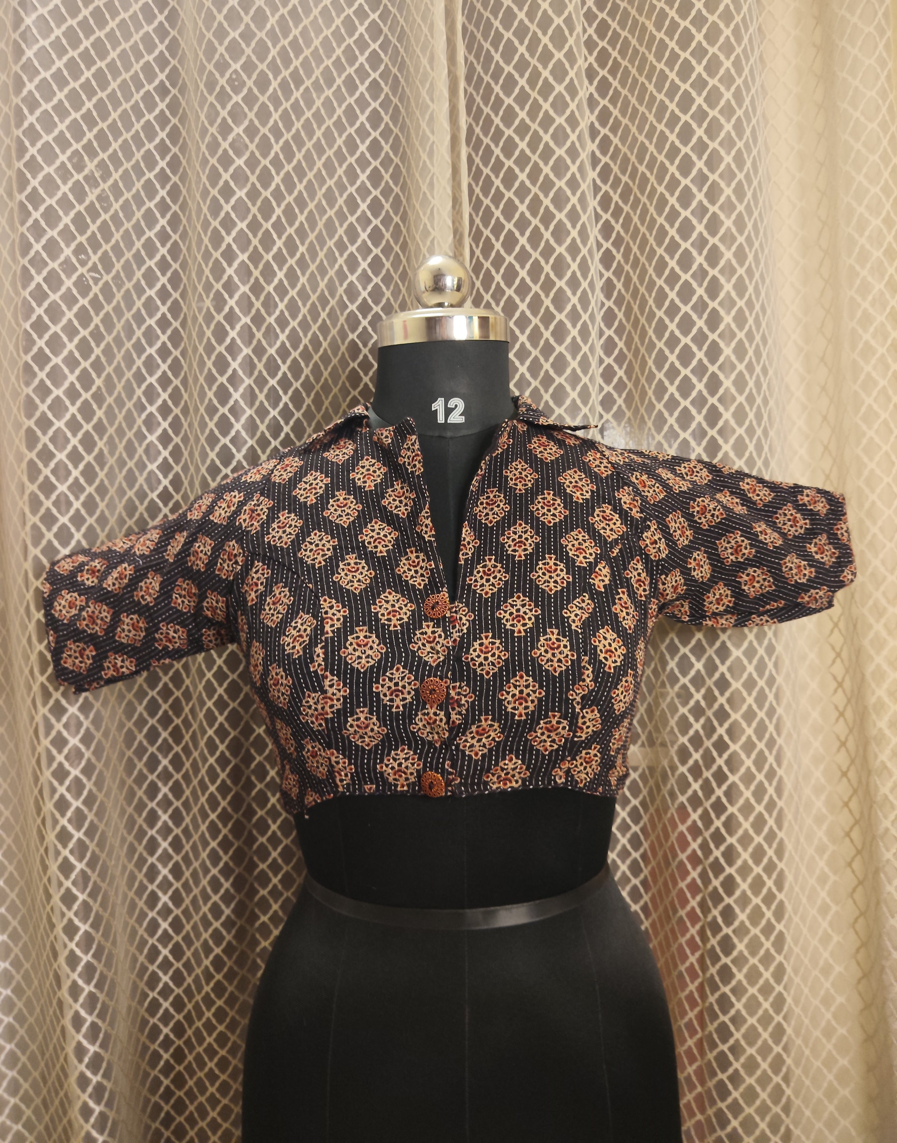 Black collared ajrakh printed kantha blouse with sleeves