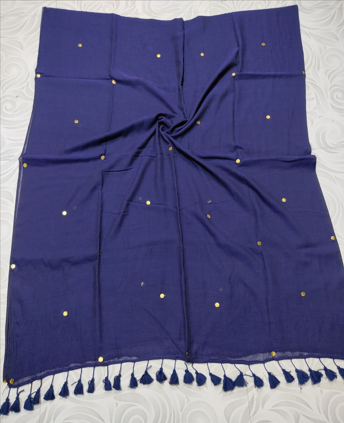 Ink blue " Stars " of sequinned mul cotton saree
