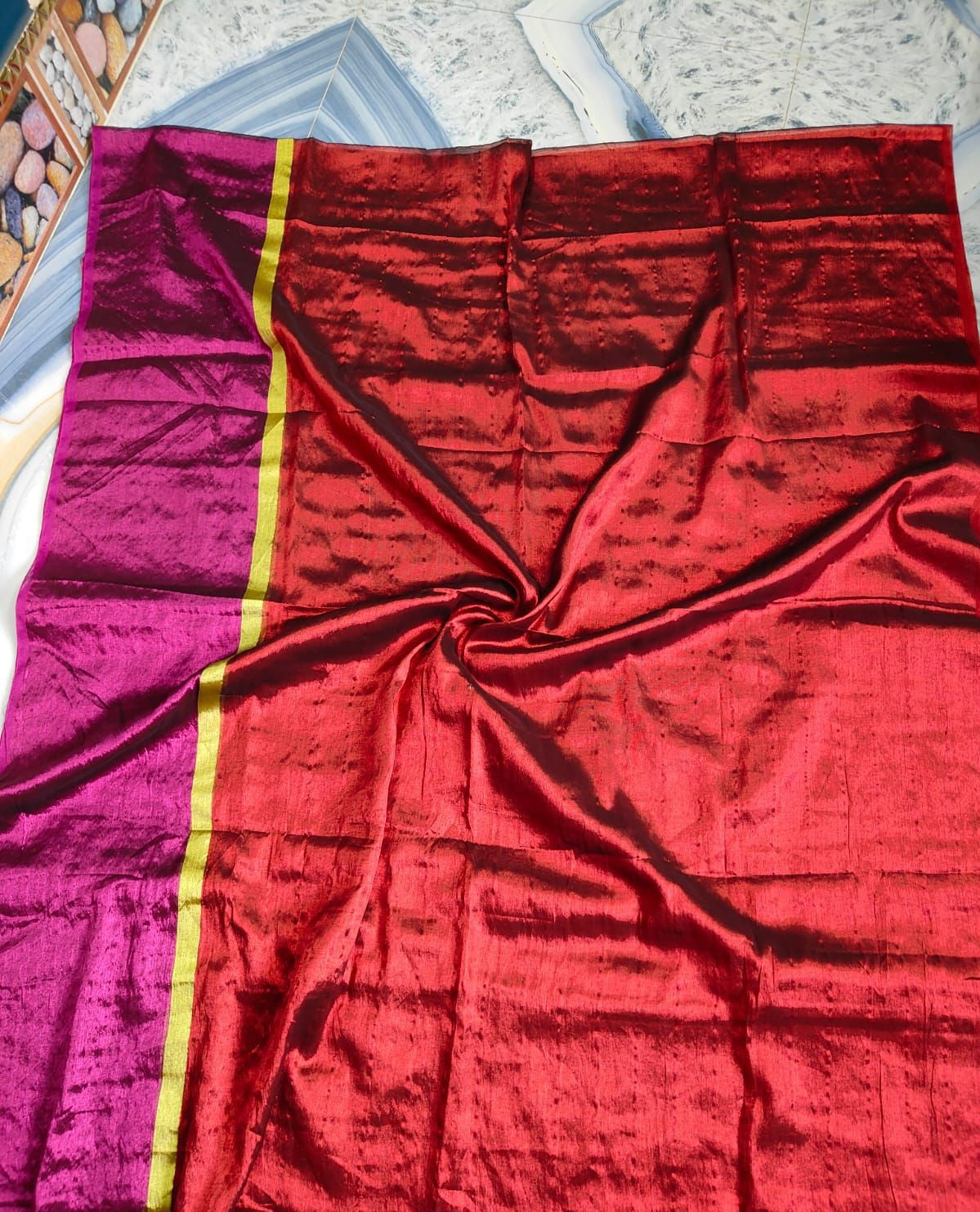 Red with gold and pink  "Designer Molten metals " collection of zari-mul saree