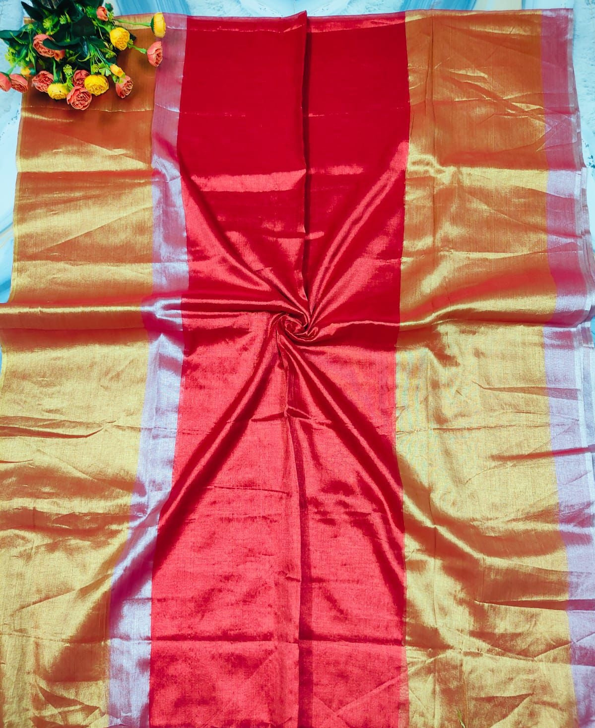 Red with gold silver bordered "Designer Molten Metals " collection of zari-mul saree