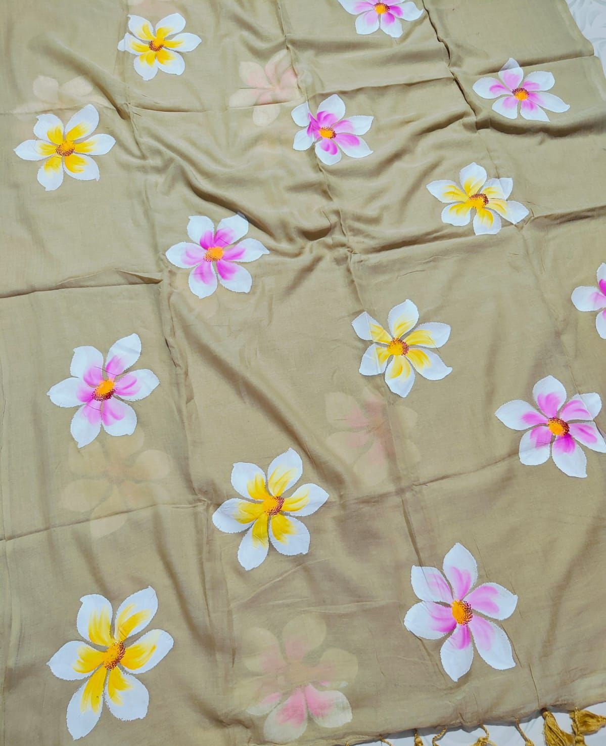 Black " Bougainvilles " handpainted mul cotton saree