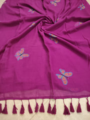 Magenta mul saree with butterfly embroidery