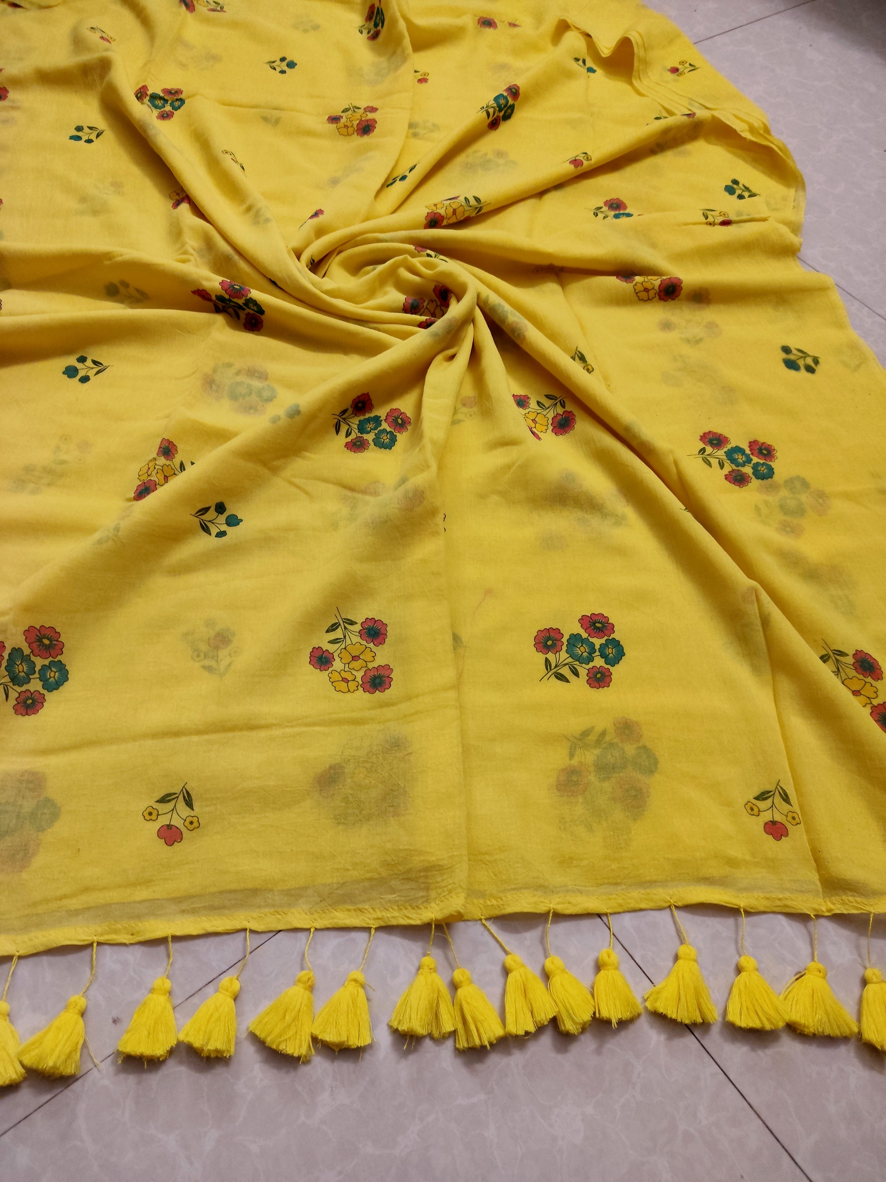 Yellow floral printed mul cotton saree