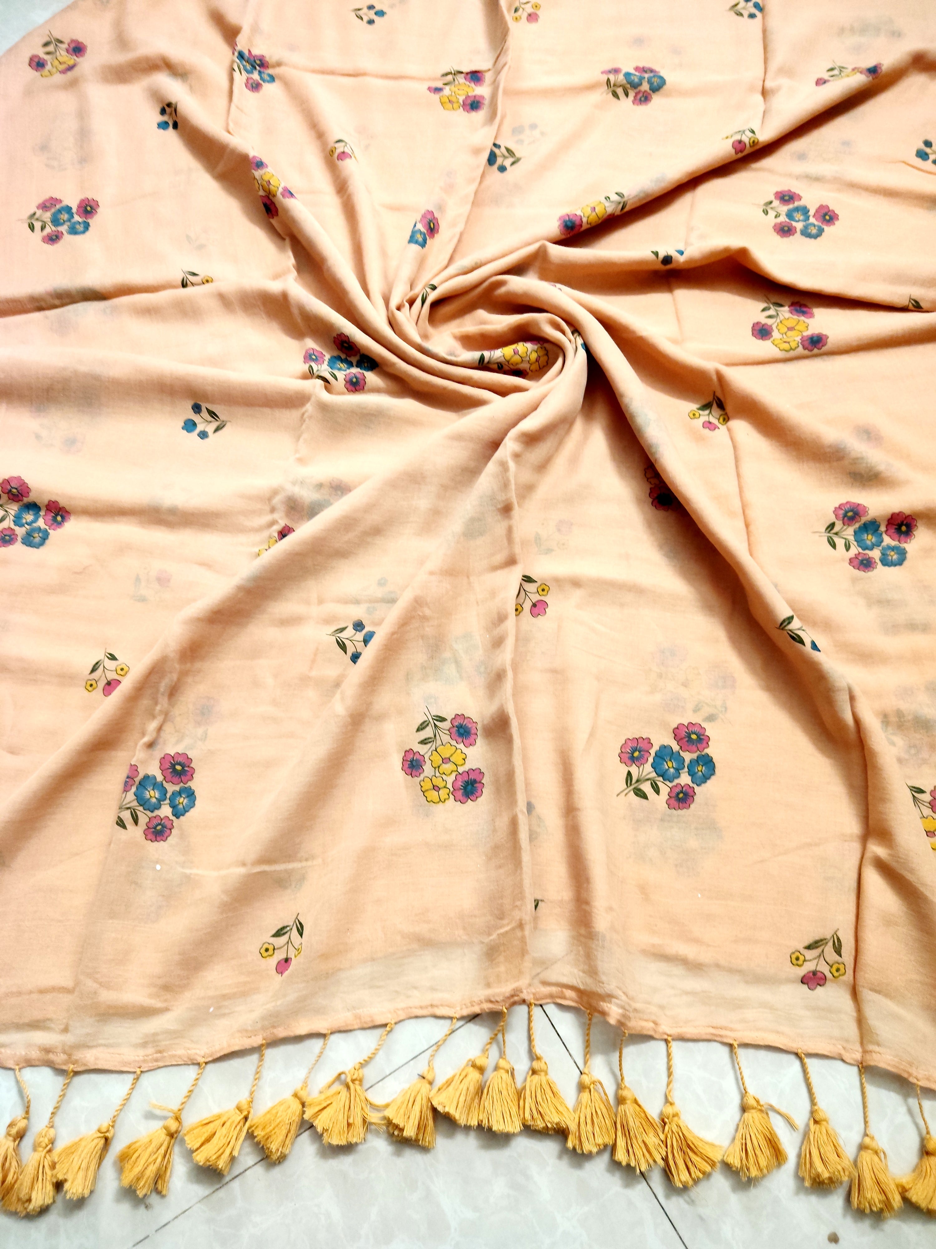 Biscuit coloured floral printed mul cotton saree