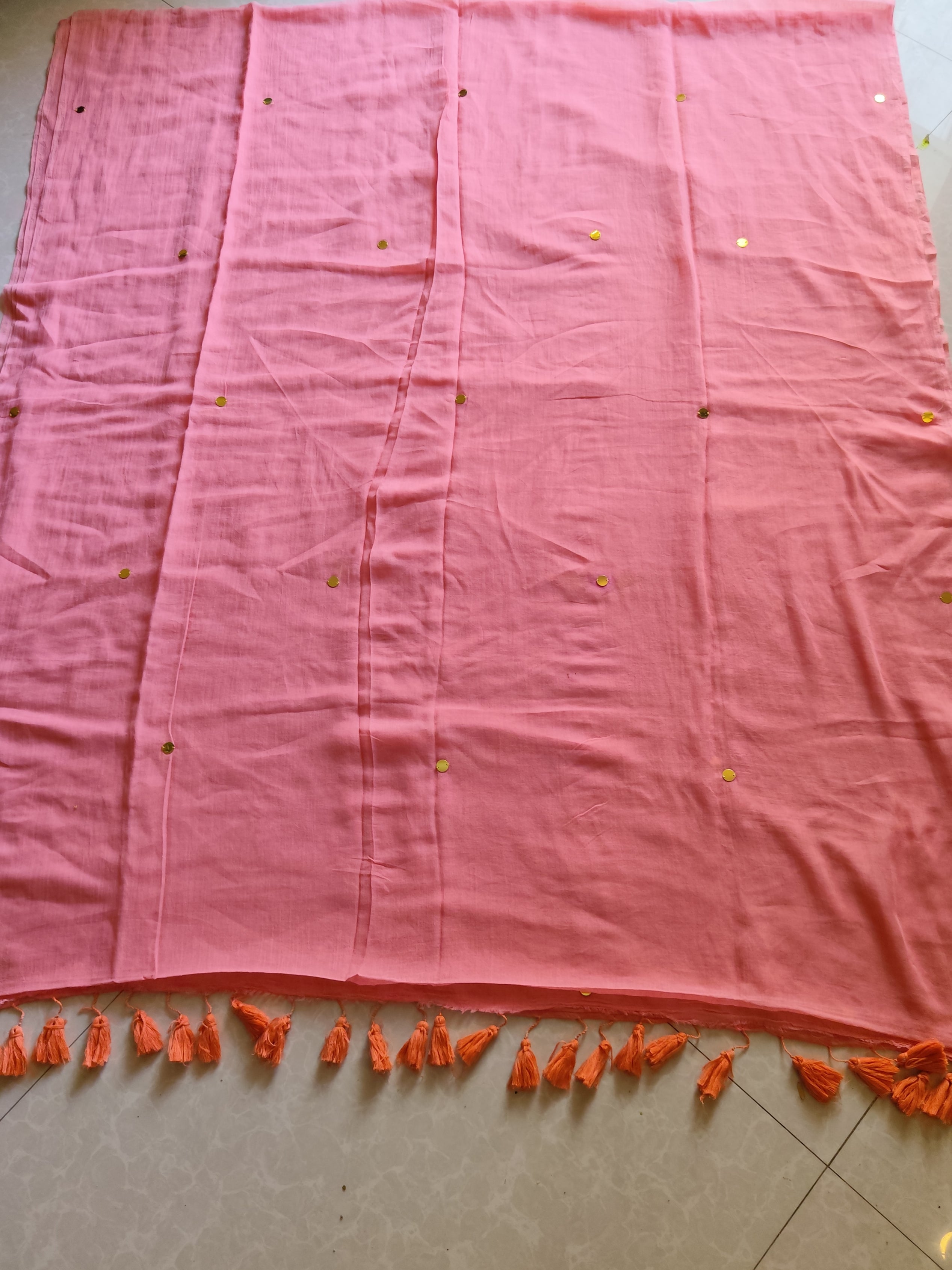 Pink peach "Circle Stars " collection of sequinned mul cotton saree