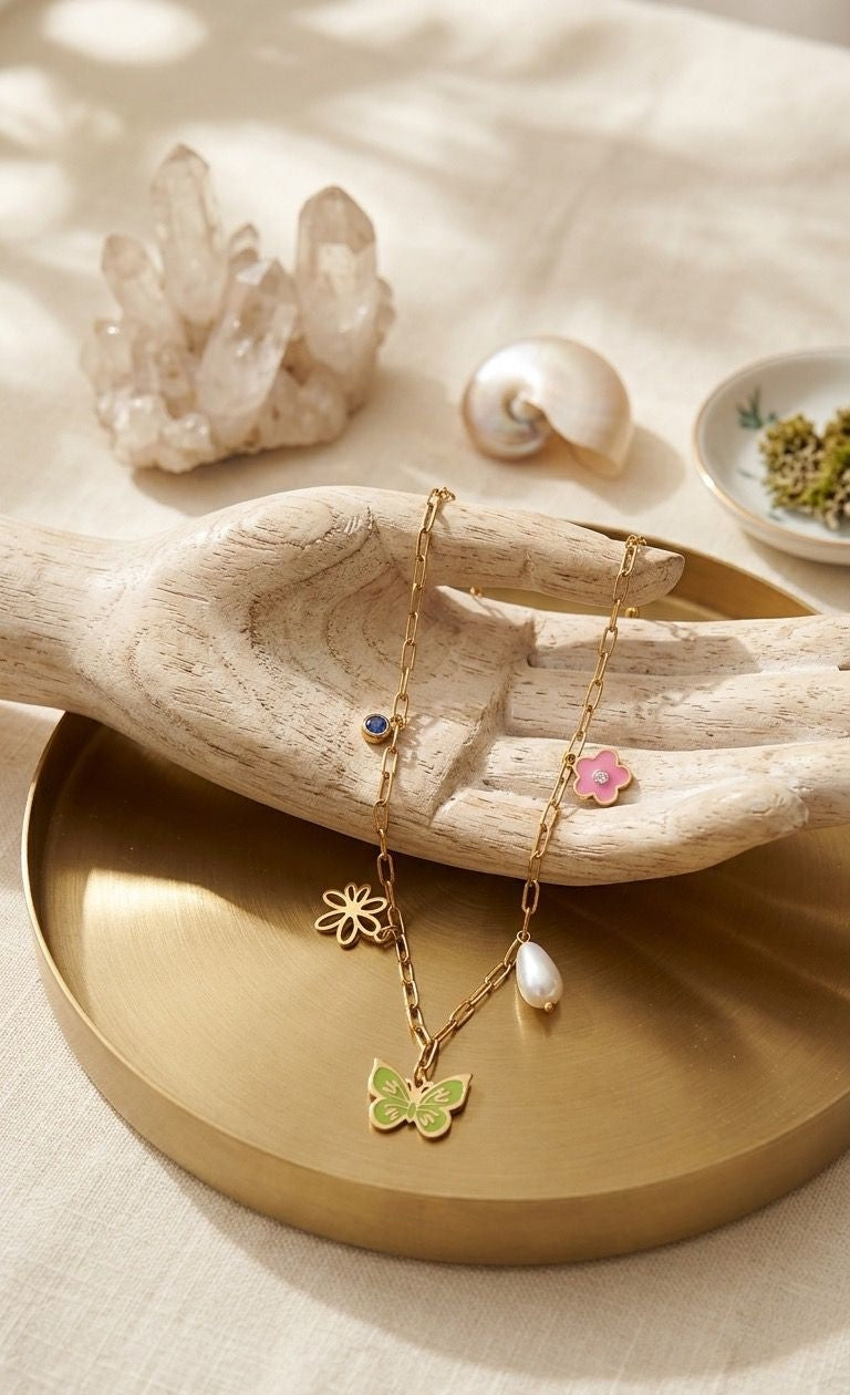 Butterfly themed multi trinkets 18k gold polished stainless steel chain