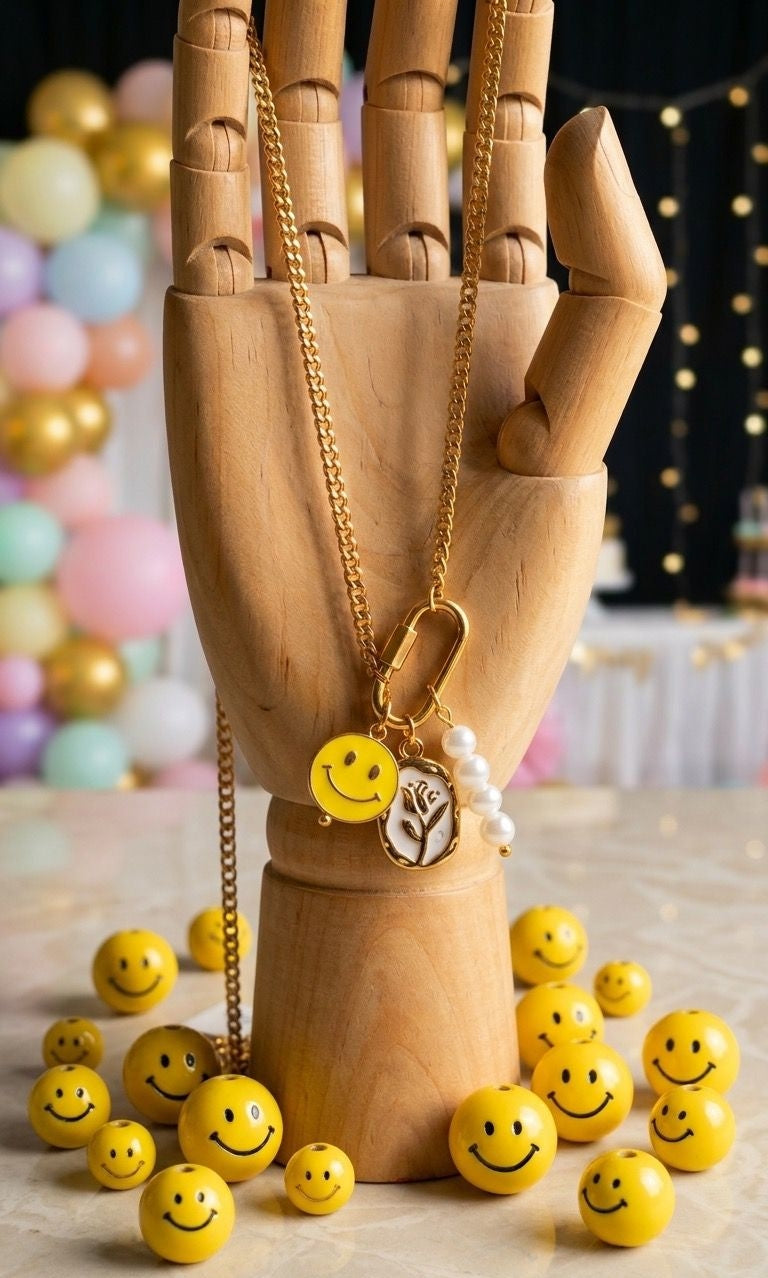 Smiley themed 3 trinkets 18k gold polished stainless steel chain