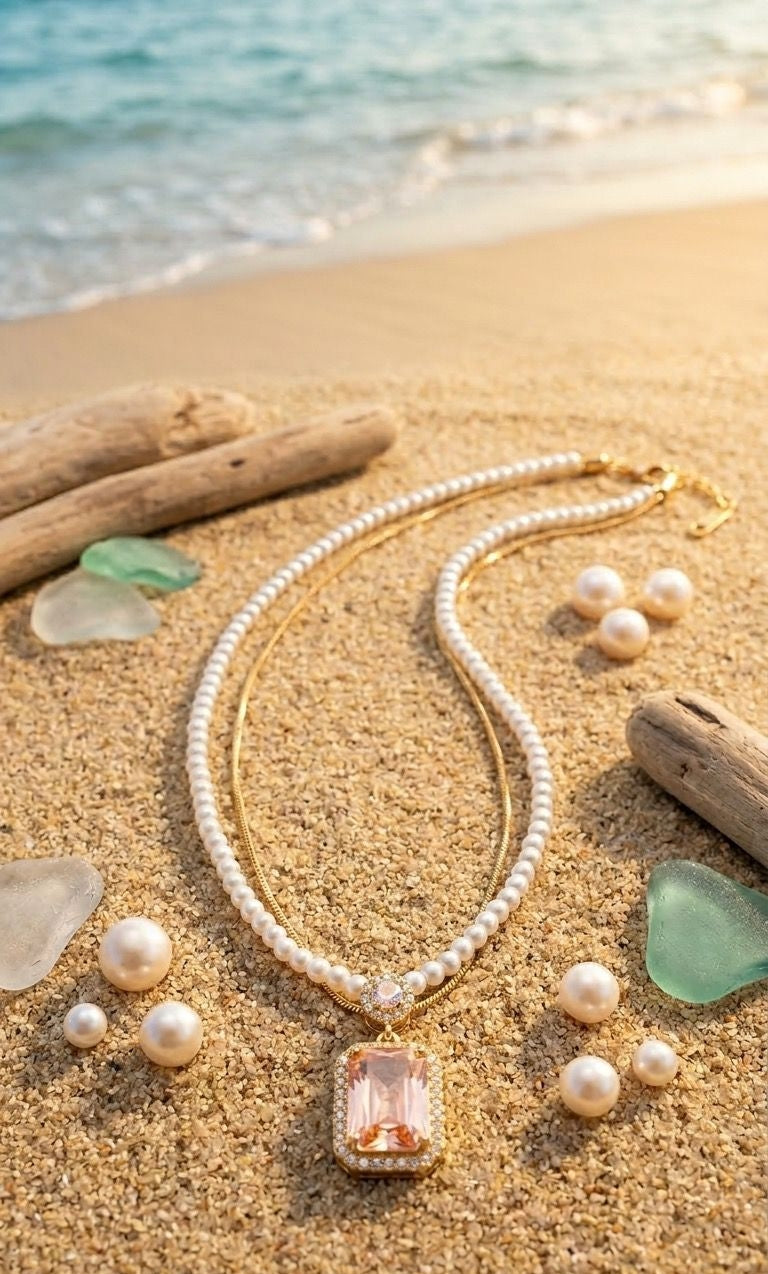 Double layer pearl and gold chain with pink stone pendant