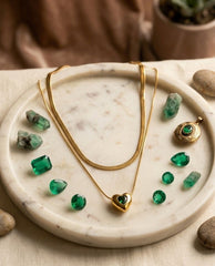 Double layered 18k gold polished stainless steel chain with green stone heart pendant