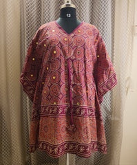Maroon sequinned block printed kaftan -knee length