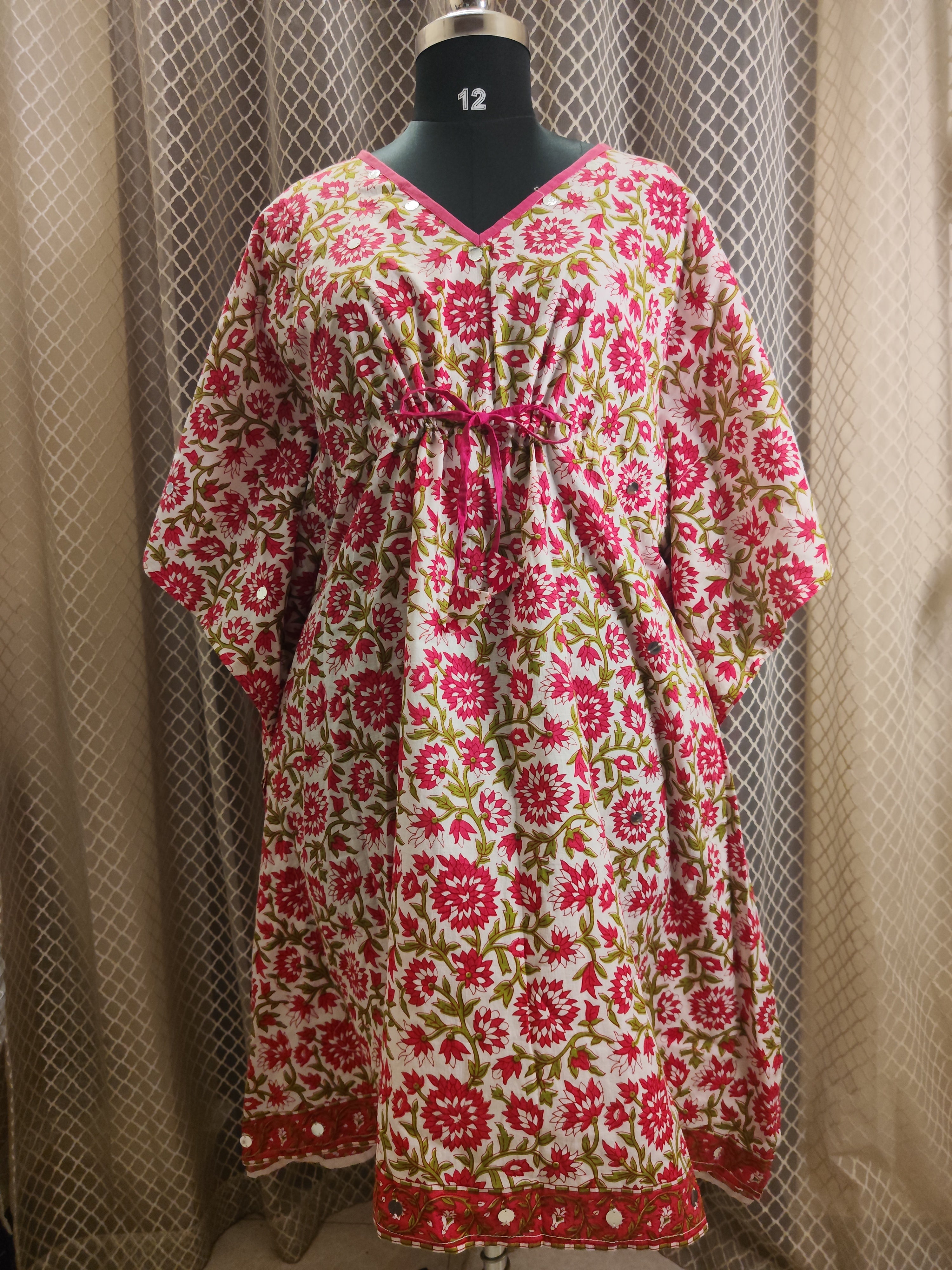 Pink white sequinned block printed Kaftan- knee length