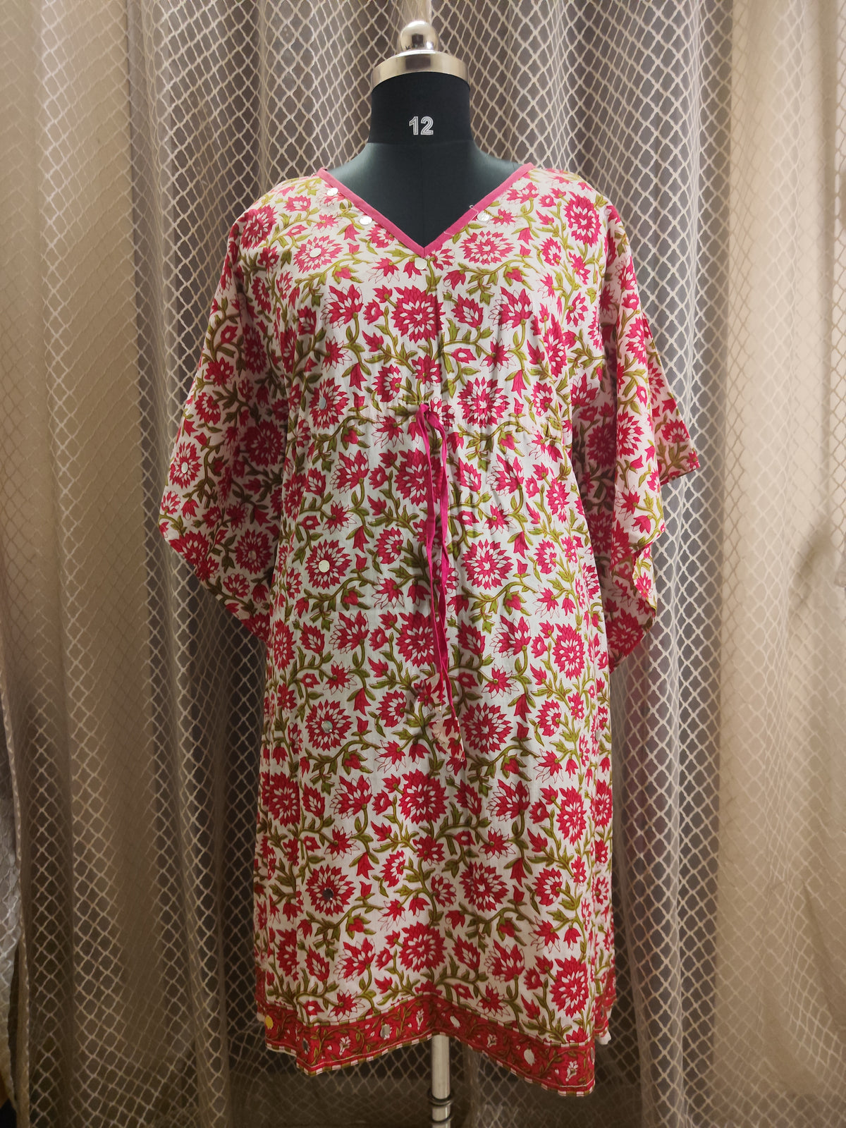 Pink white sequinned block printed Kaftan- knee length