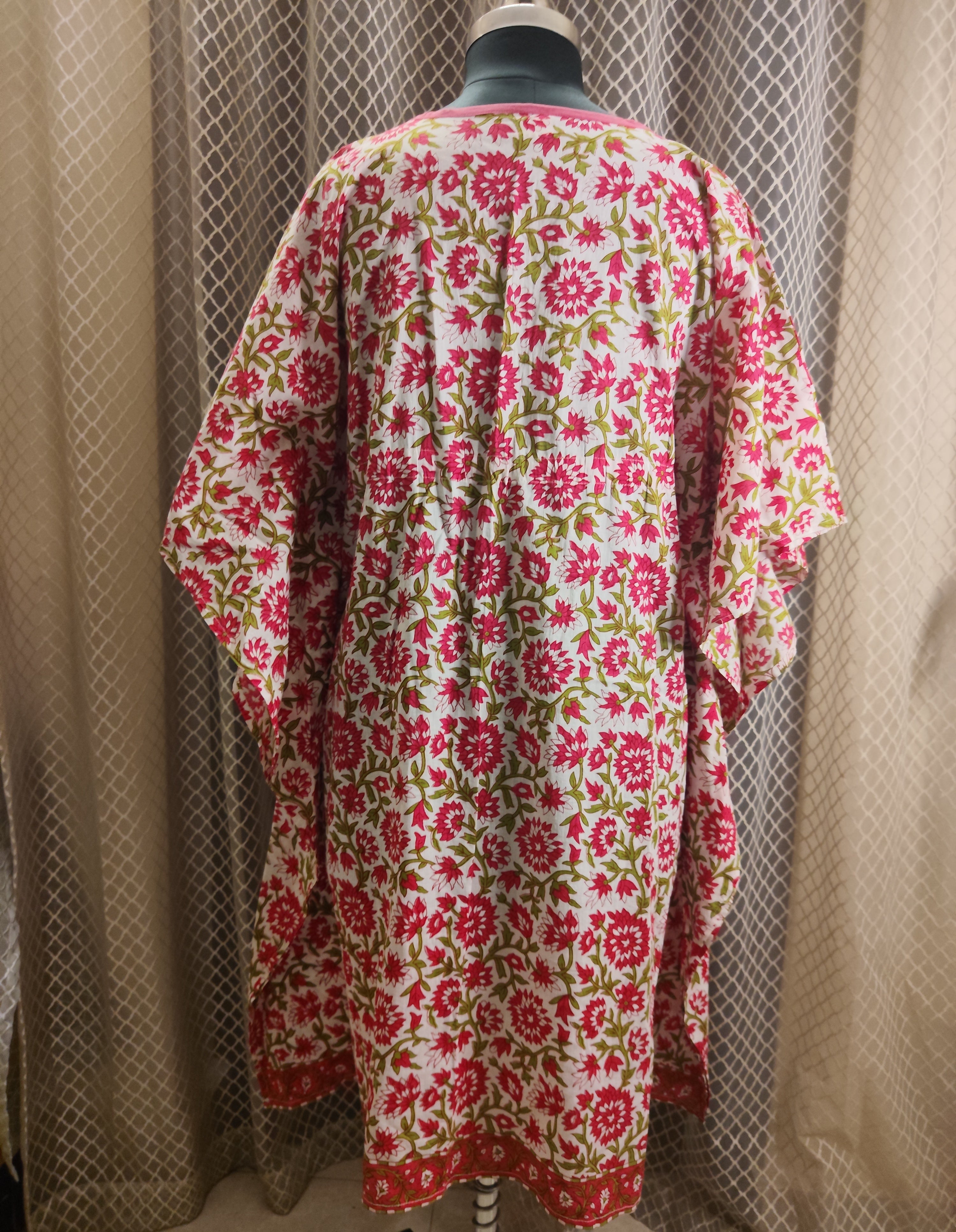 Pink white sequinned block printed Kaftan- knee length