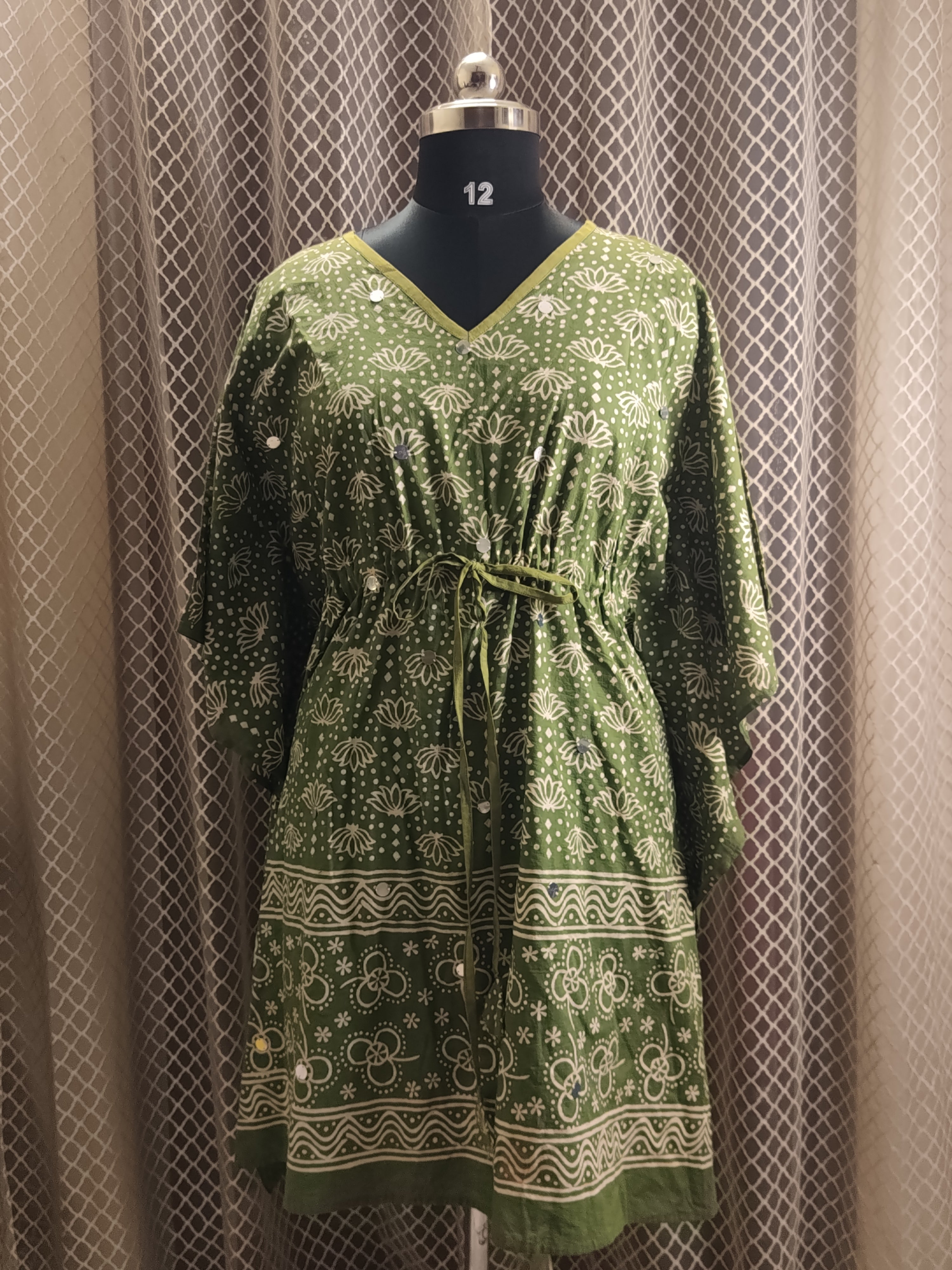 Green sequinned block printed kaftan - knee length