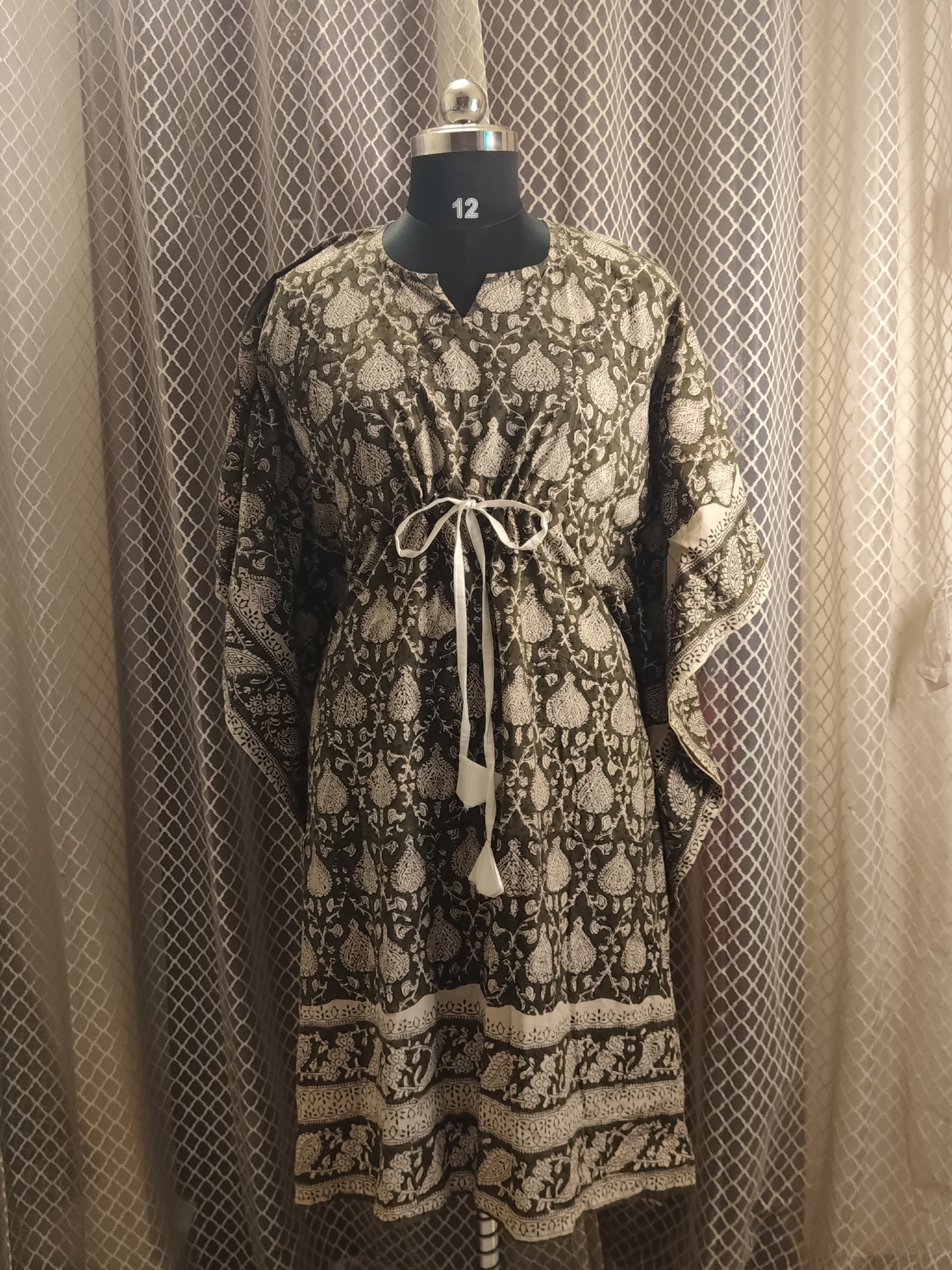 Dark green block printed kaftan - cuff length