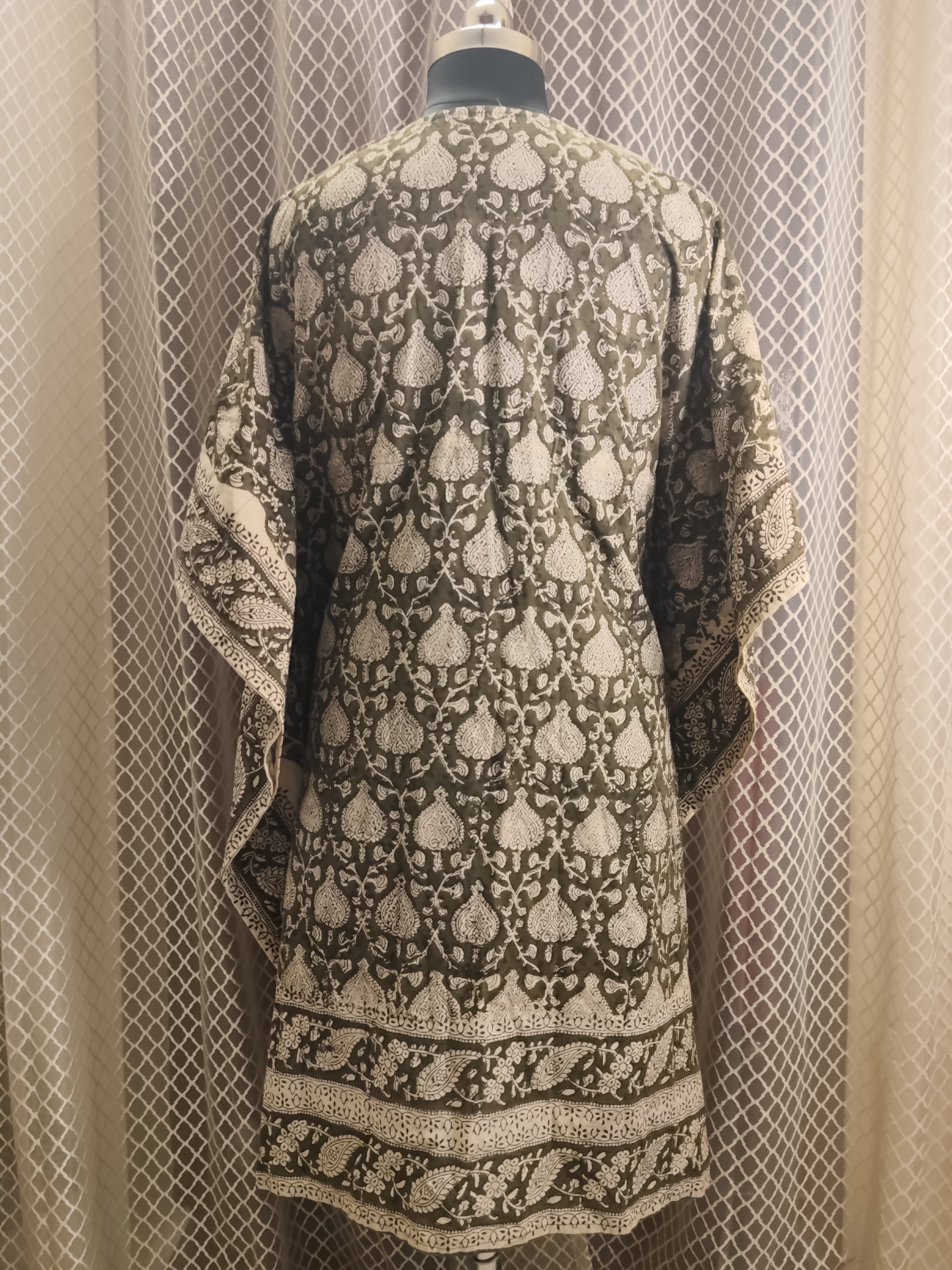 Dark green block printed kaftan - cuff length