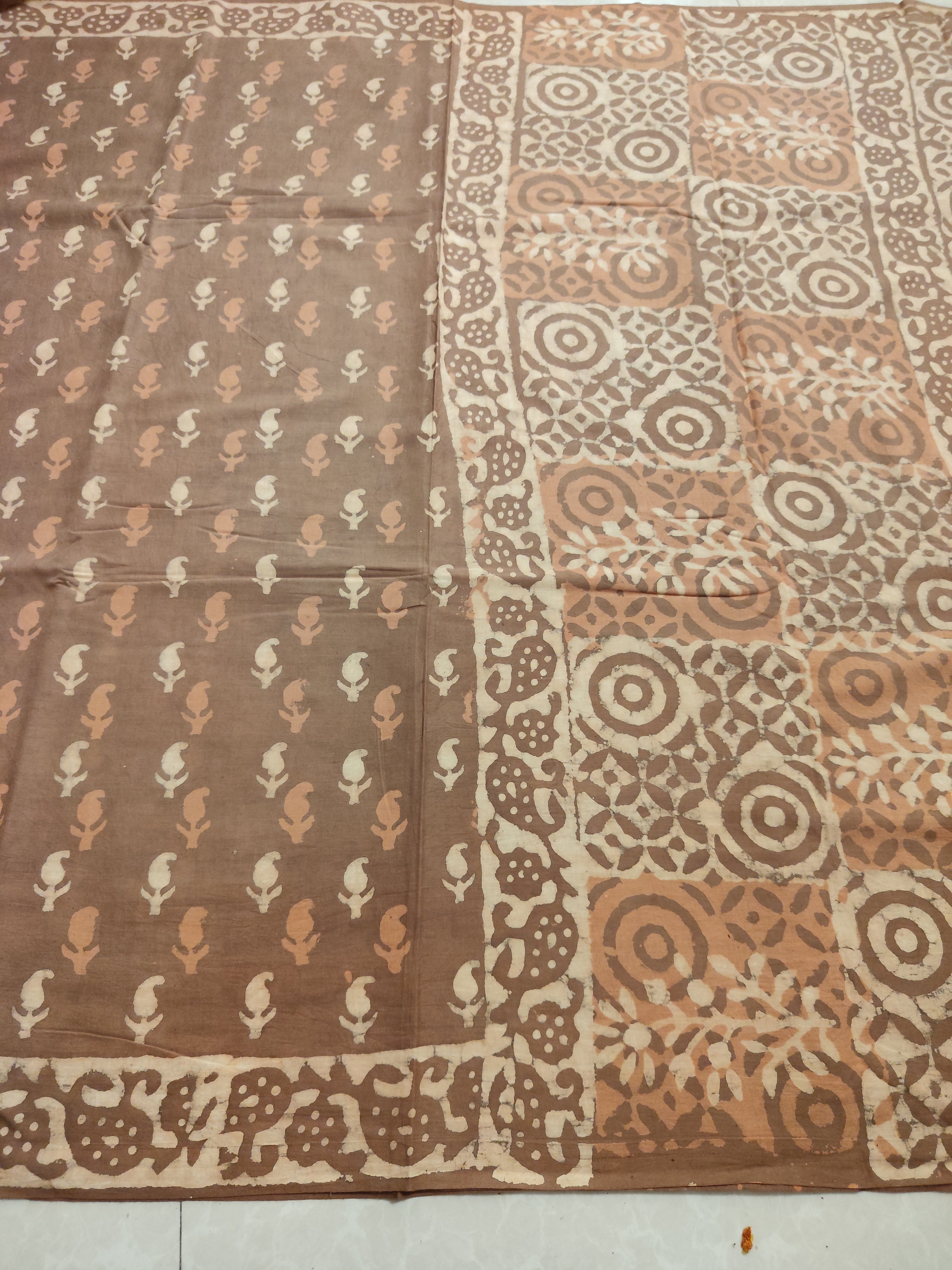 Brown natural dyed block printed Jaipur mulmul saree