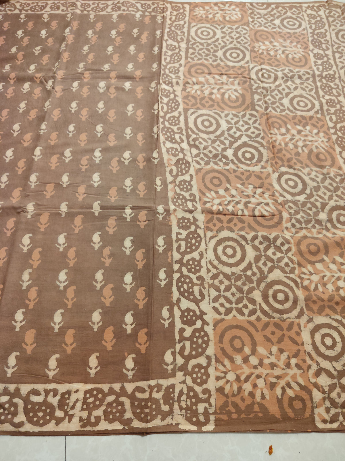 Brown natural dyed block printed Jaipur mulmul saree