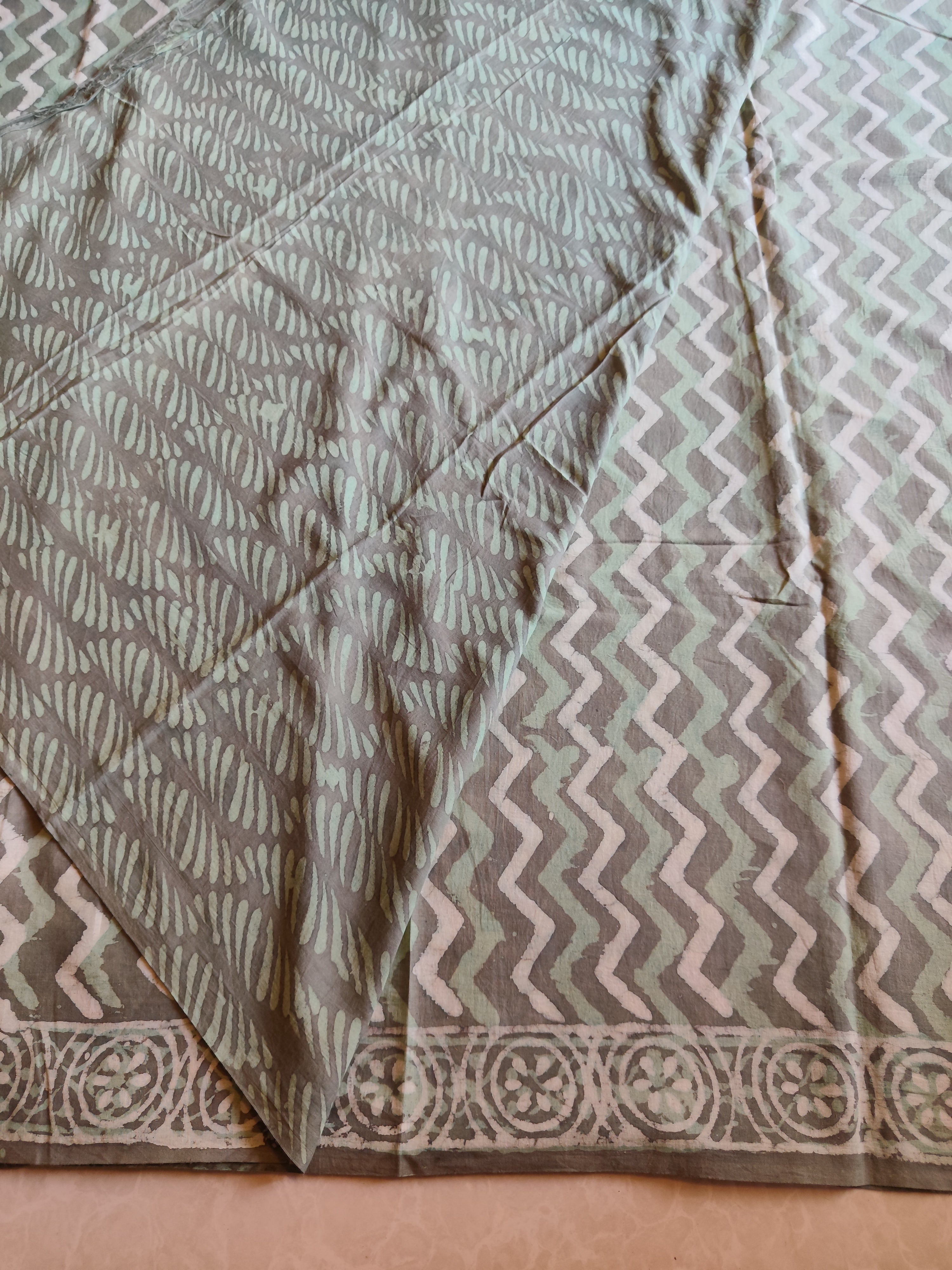 Green natural dyed block printed Jaipur mulmul saree
