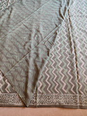 Green natural dyed block printed Jaipur mulmul saree