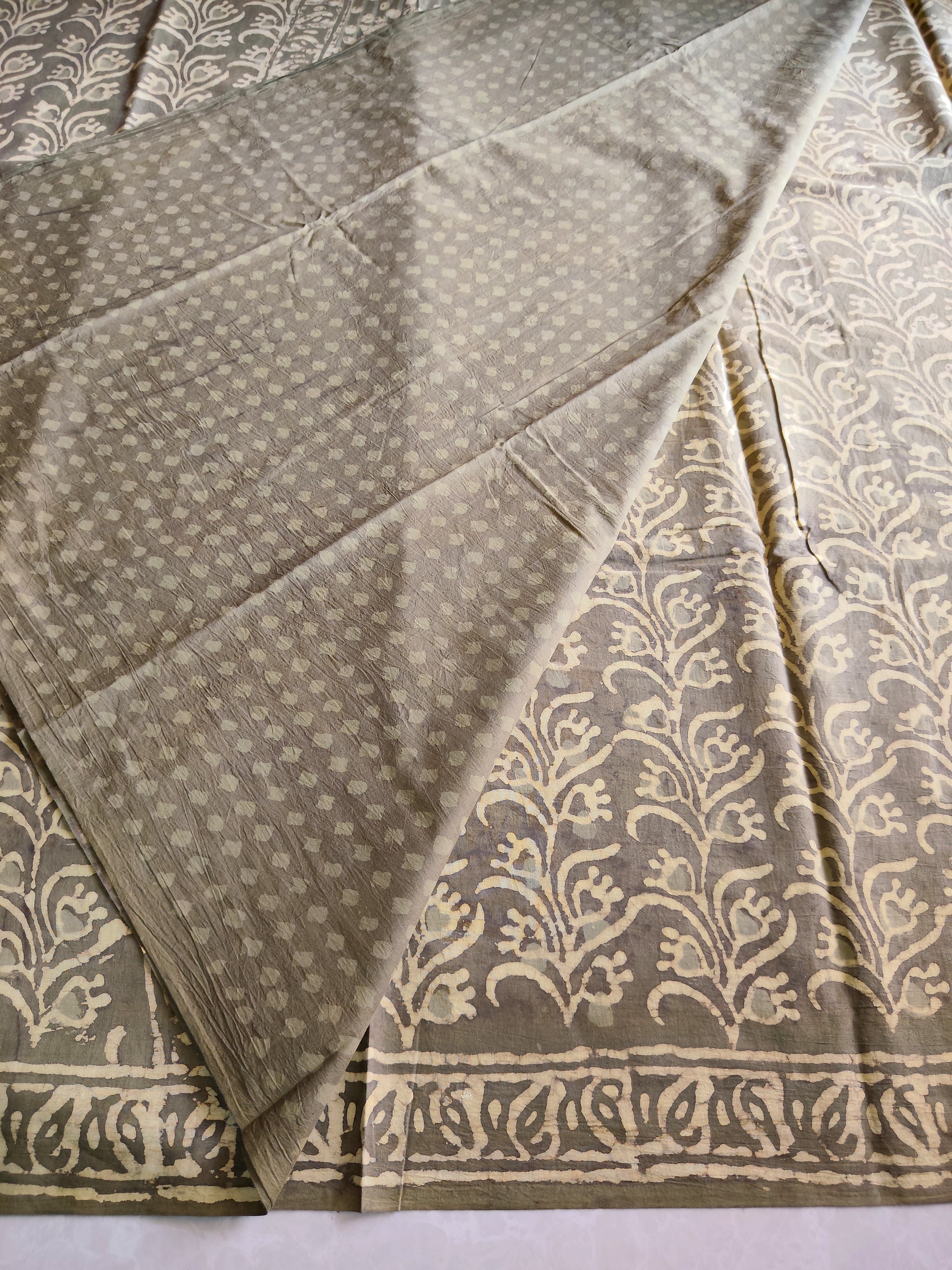 Green natural dyed block printed Jaipur mulmul saree