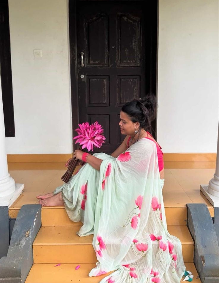 Hand-Painted "Niwi Lotus" Mul Cotton Saree