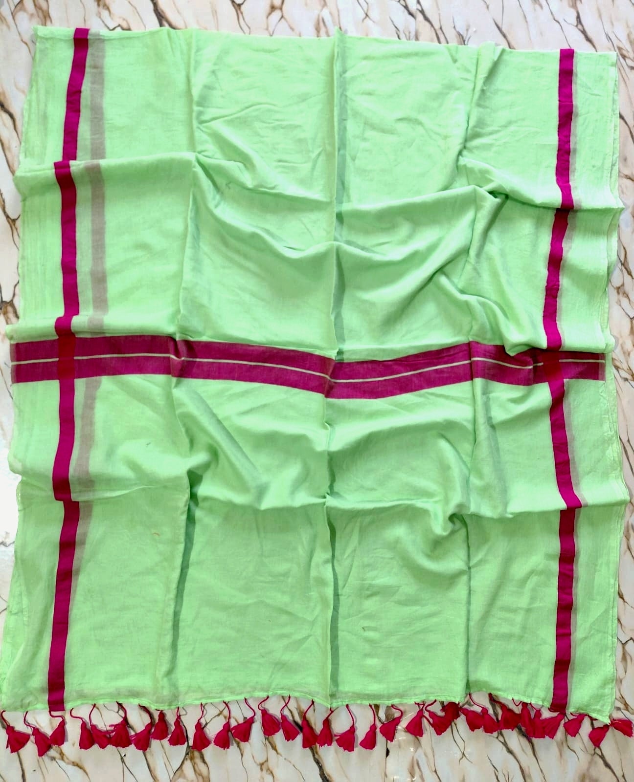 Pink bordered neon green ' Office Office " collection of  mul cotton saree