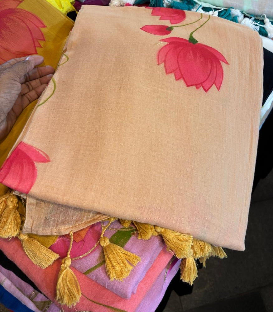 Hand-Painted "Niwi Lotus" Mul Cotton Saree