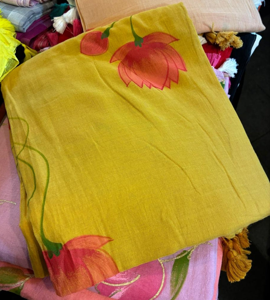 Hand-Painted "Niwi Lotus" Mul Cotton Saree
