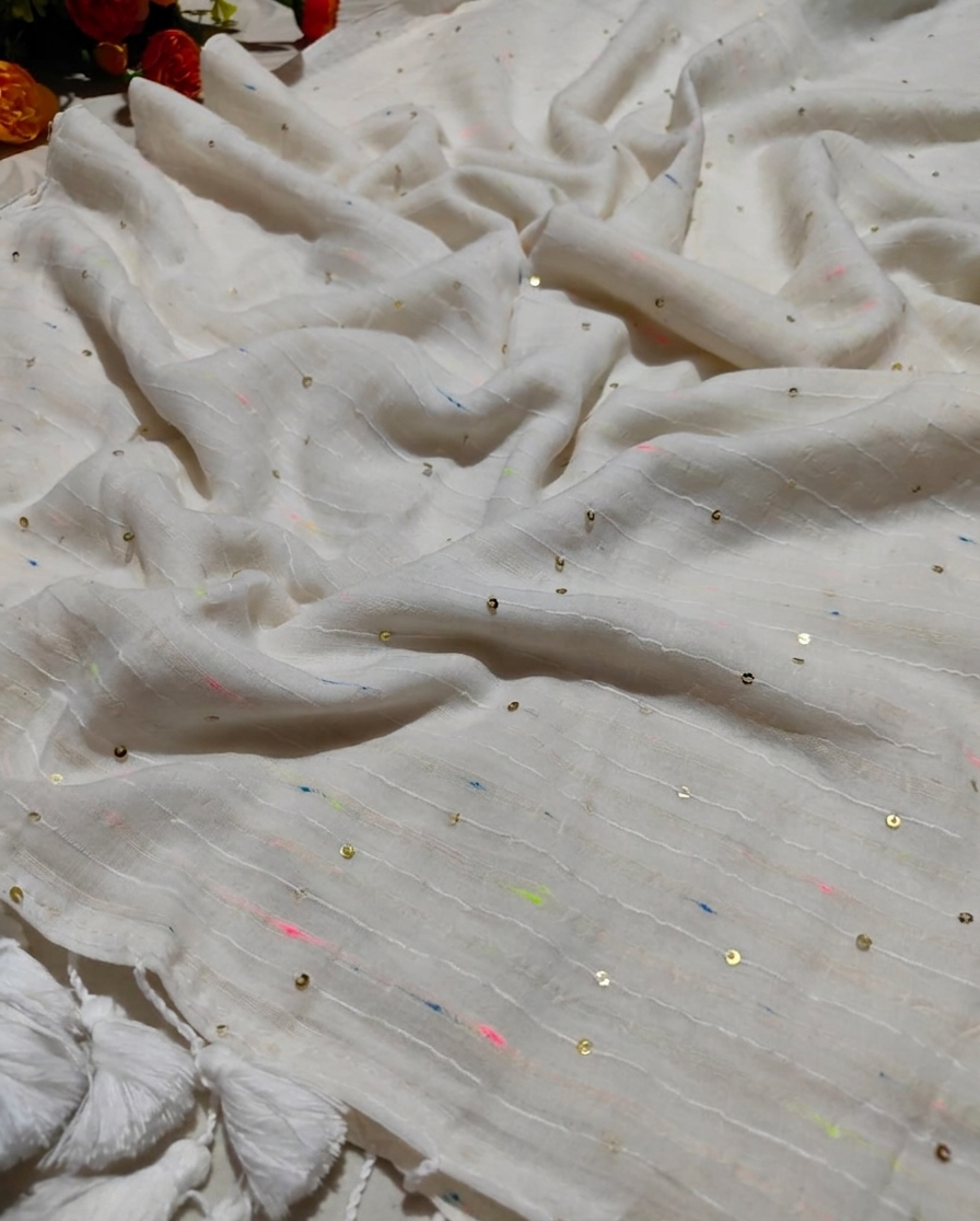 White "jugnu" suttle multi strips sequinned mul saree