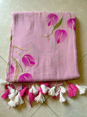 "Lilac" three tulip  hand painted mul cotton saree