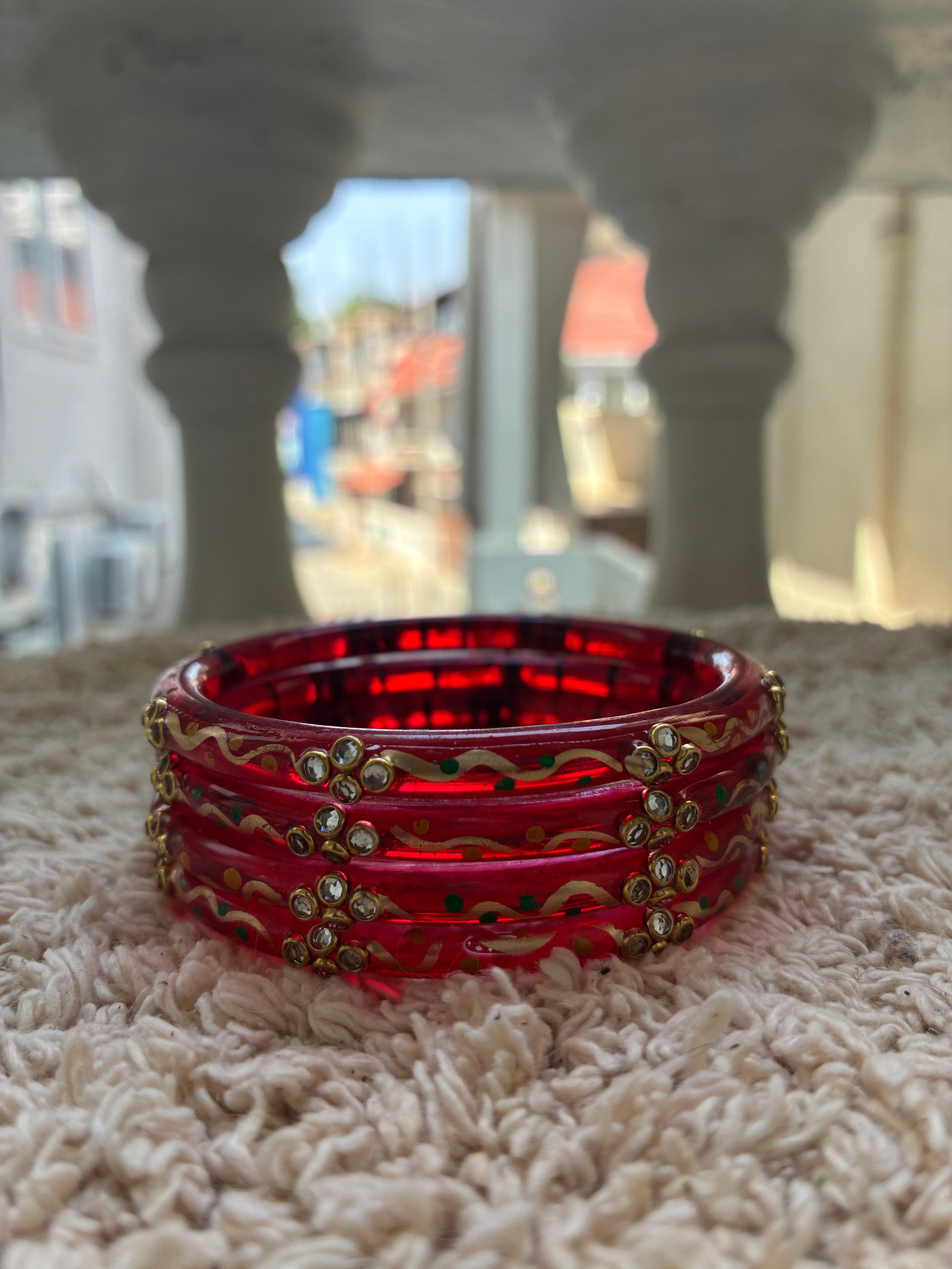 Red hand painted kundan jelly glass bangles