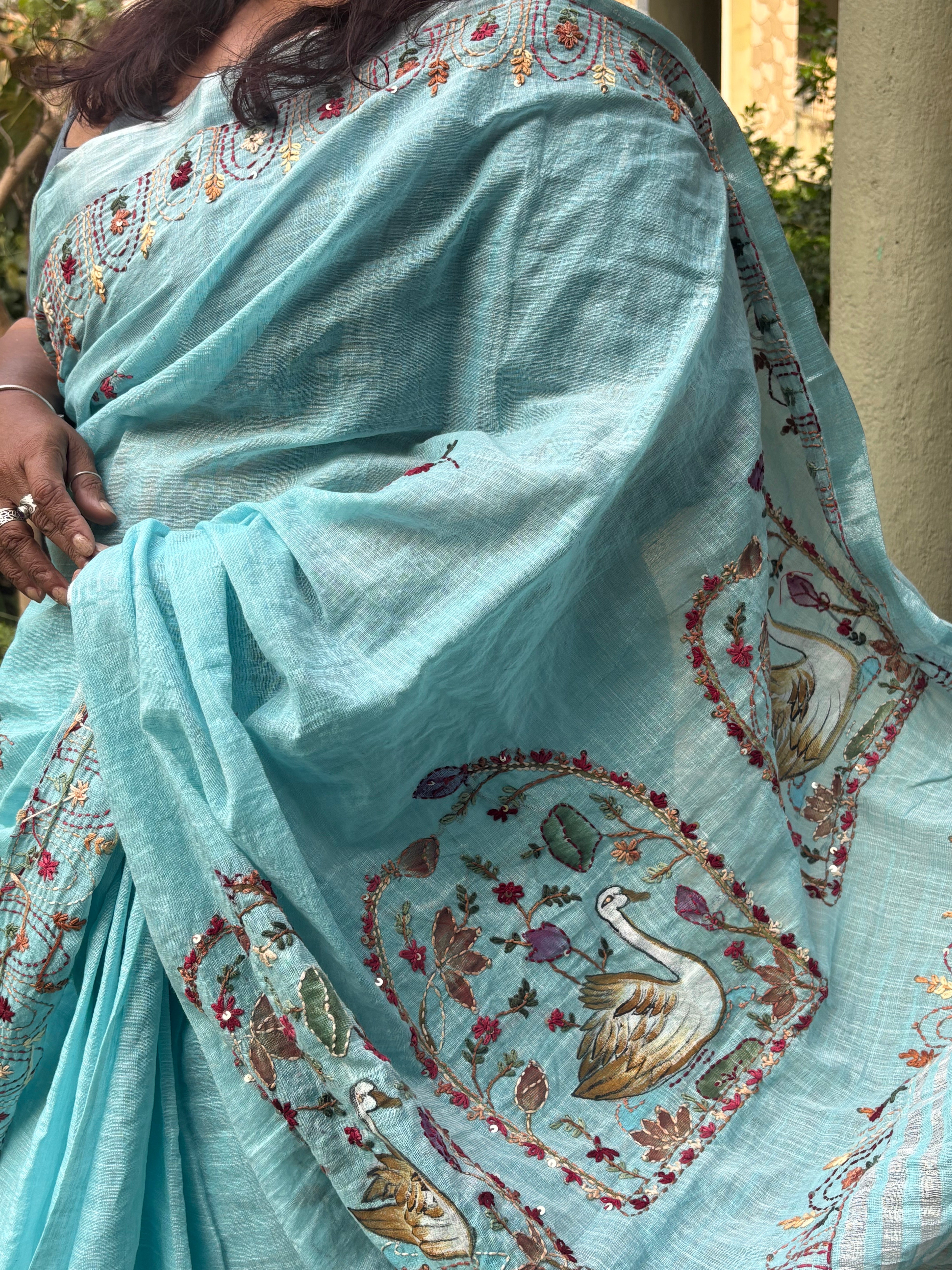 " Swans " Hand painted and hand - embroidered cotton - linen saree.