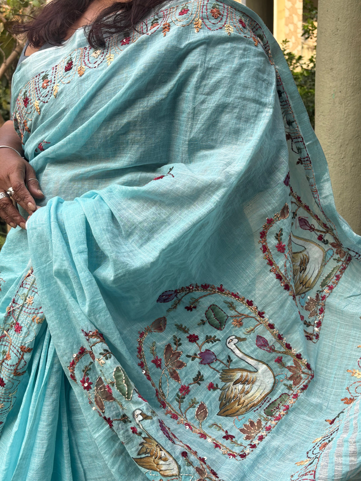 " Swans " Hand painted and hand - embroidered cotton - linen saree.