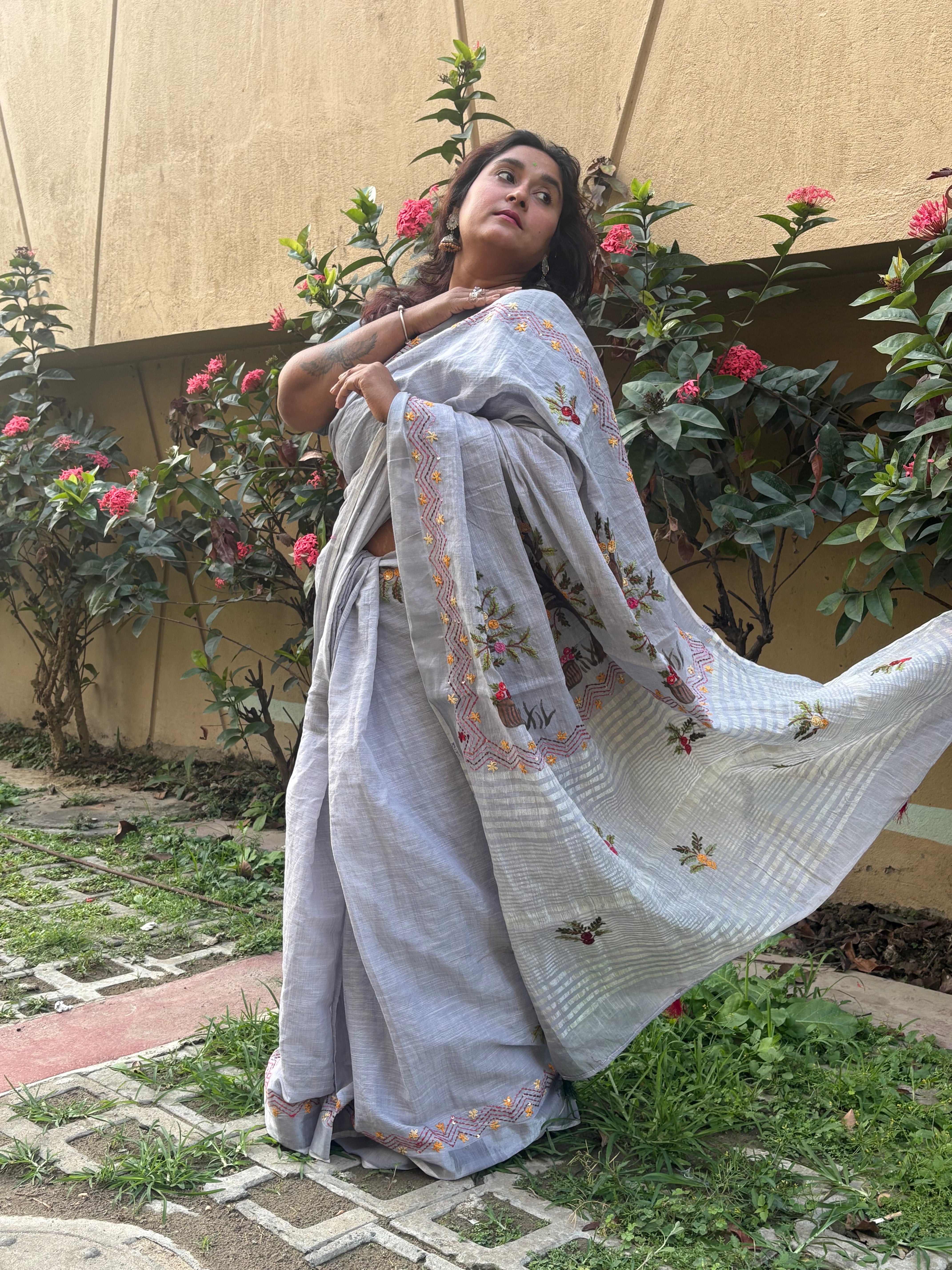 "Tree of life " hand painted and hand-embroidered cotton-linen saree.