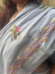 "Tree of life " hand painted and hand-embroidered cotton-linen saree.