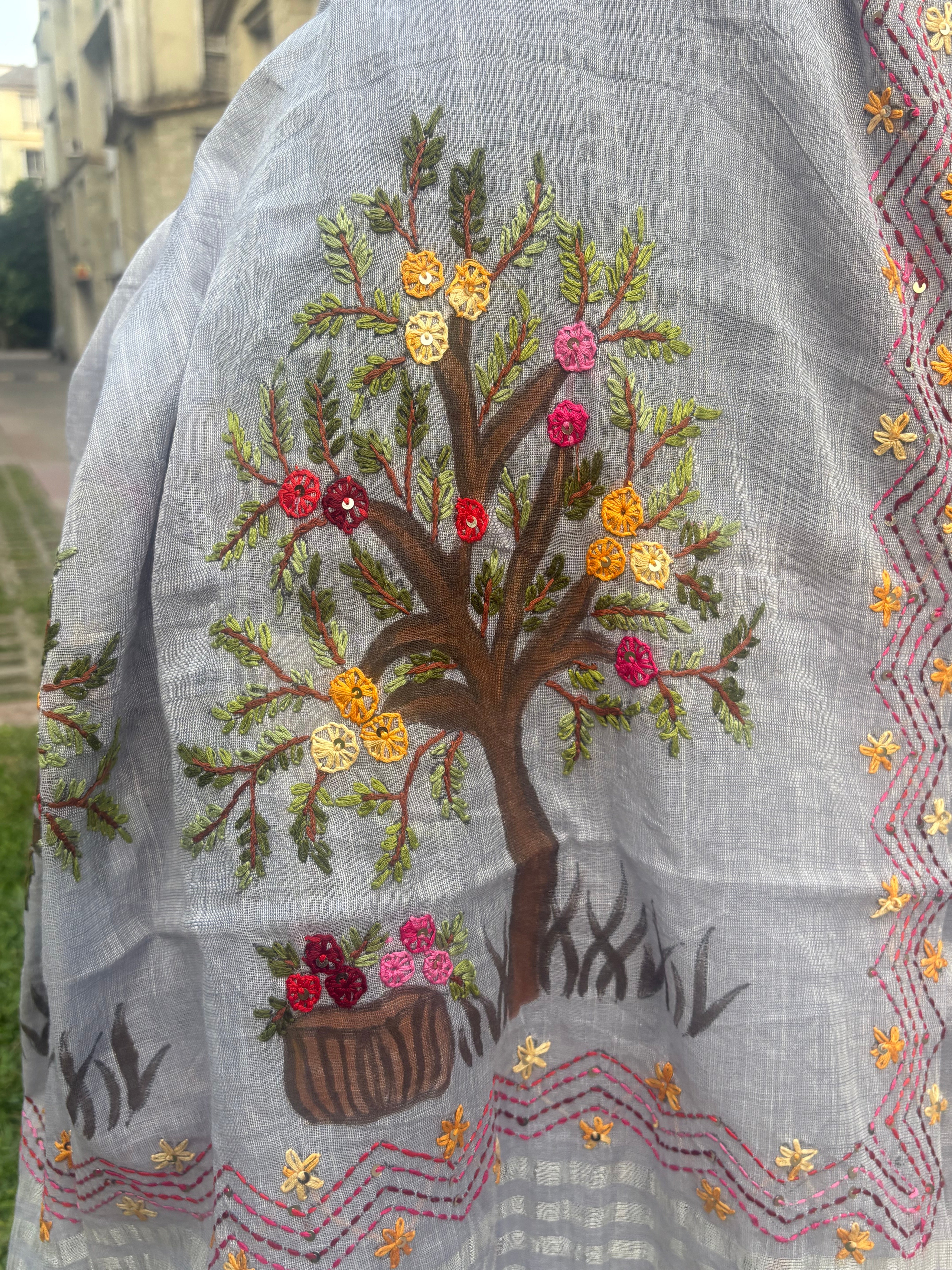"Tree of life " hand painted and hand-embroidered cotton-linen saree.