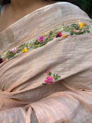 " Bouquet " hand - embroidered cotton - linen saree