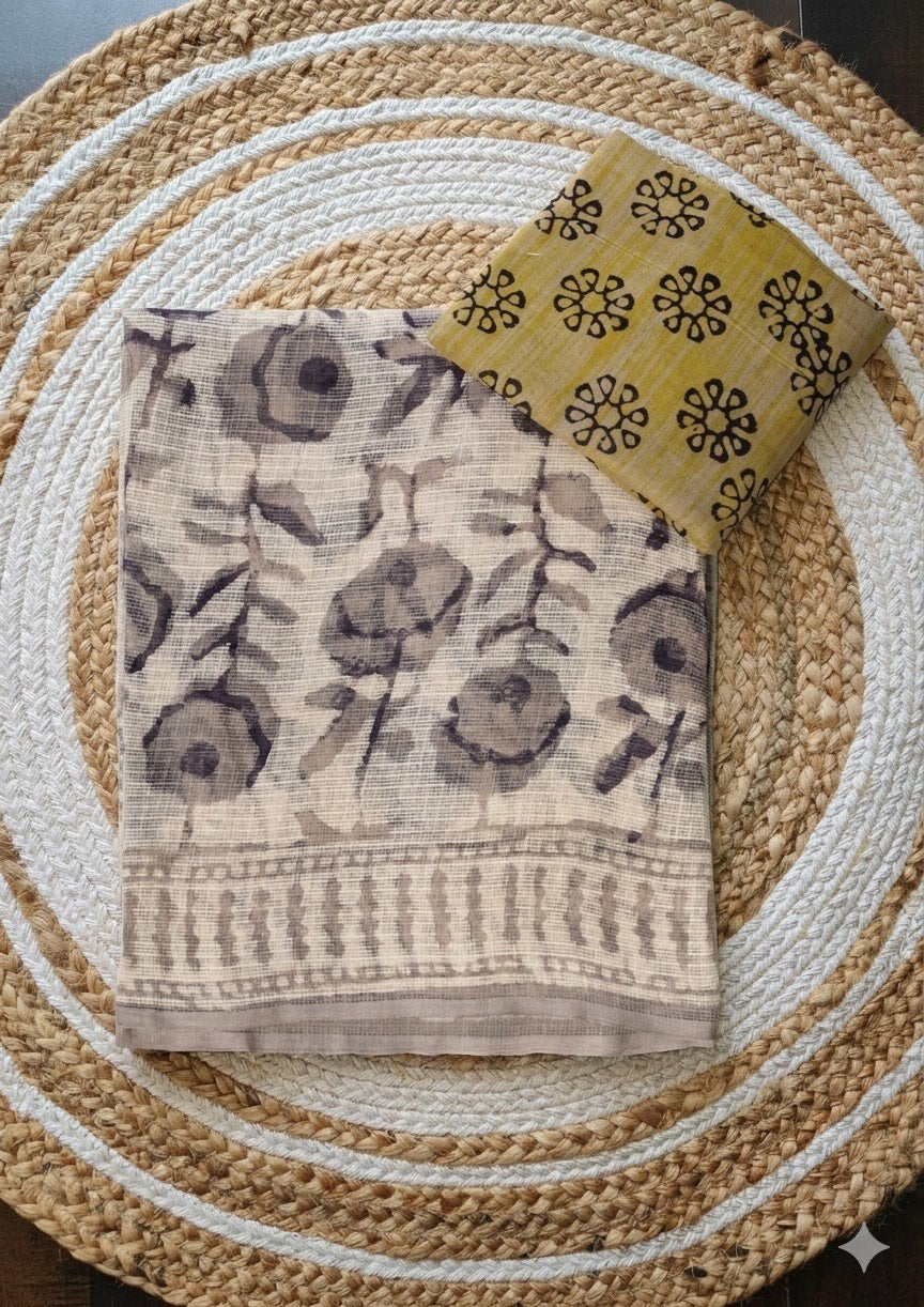 Cotton hand-blocked Kota Doriya sarees with mulmul blouse piece (Sanganeri/Dabu prints)