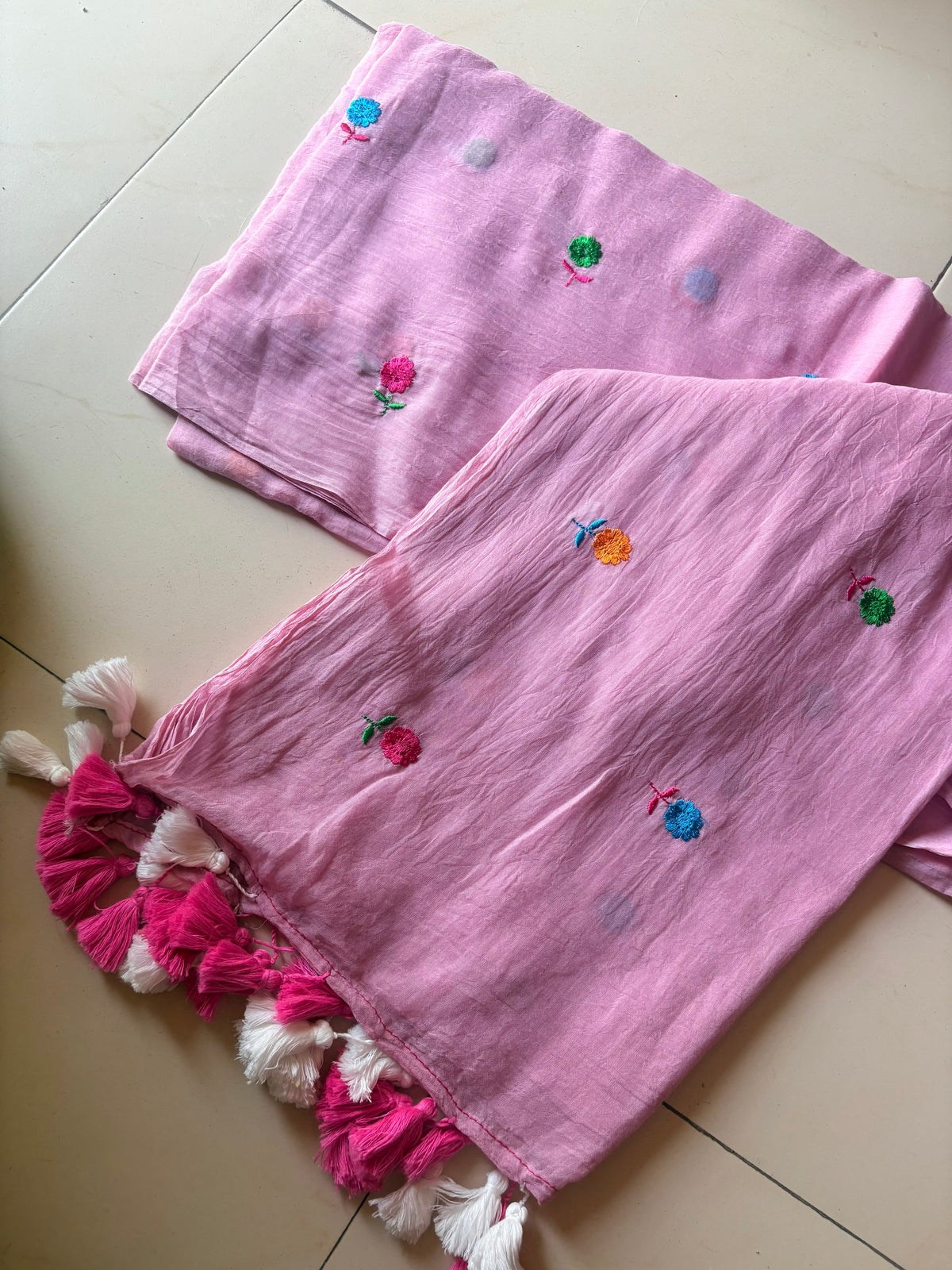 Multi colour floral embroidered blush pink mul cotton saree