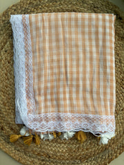 White laced chequered mul cotton saree