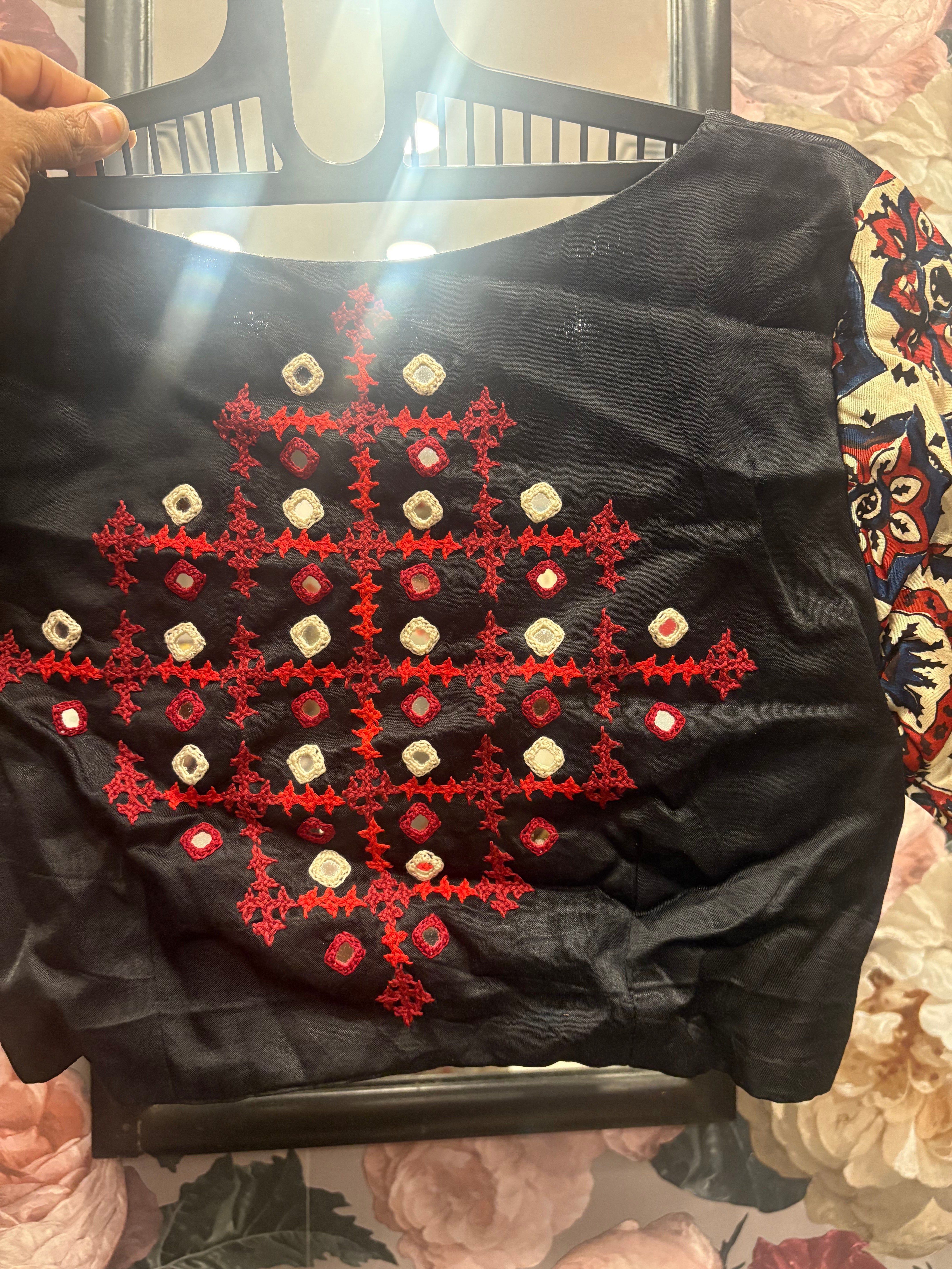 Kalamkari sleeved solid designer blouse with back mirror work (Black)