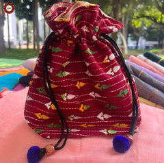 Maroon with multi 2 - Hand-crafted Kantha stitched Potli bags